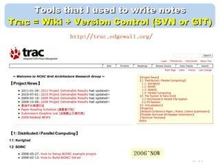 27/50
Tools that I used to write notesTools that I used to write notes
Trac = Wiki + Version Control (SVN or GIT)Trac = Wiki + Version Control (SVN or GIT)
http://trac.edgewall.org/
2006~NOW
 