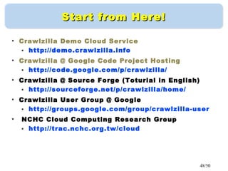 48/50
Start from Here!Start from Here!
●
Crawlzilla Demo Cloud Service
● http://demo.crawlzilla.info
●
Crawlzilla @ Google Code Project Hosting
● http://code.google.com/p/crawlzilla/
●
Crawlzilla @ Source Forge (Toturial in English)
● http://sourceforge.net/p/crawlzilla/home/
●
Crawlzilla User Group @ Google
● http://groups.google.com/group/crawlzilla-user
●
NCHC Cloud Computing Research Group
● http://trac.nchc.org.tw/cloud
 