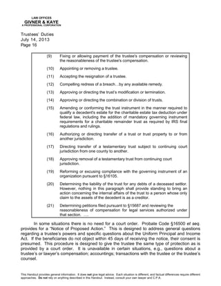 LAW OFFICES
GIVNER & KAYE
A PROFESSIONAL CORPORATION
Trustees’ Duties
July 14, 2013
Page 16
This Handout provides general ...