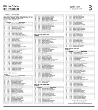 Diário Oficial
 GUARUJÁ
                                                                                                                                  sexta-feira
                                                                                                                                  13 de julho de 2012
                                                                                                                                                                                  3
6. MATRÍCULA E CONVOCAÇÃO                                      25    14.170      MARCOS VINÍCIUS DO NASCIMENTO          14      14.145      FLÁVIO LUIZ VILAS BOAS
Ficam matriculados e convocados para frequência ao mencio-     26    13.459      MARTA WENCESLAU S. P. DA SILVA         15      13.383      GERMILSON FRANÇA DE LIMA
nado Curso os seguintes guardas civis pertencentes aos qua-    27    13.478      OSWALDO GONÇALVES CARDOSO              16      17.104      JONAS APARECIDO DE FREITAS
dros da Guarda Civil Municipal de Guarujá:                     28    13.490      RICARDO DOS SANTOS TOBAR               17      13.401      JORGE LUIZ DOS SANTOS
Dia 16 Jul 2012 – Segunda-feira                                29    17.135      RICARDO EMMANUEL FERREIRA              18      14.160      JOSÉ WILSON MEIRELES
TURMA A                                                        30    13.497      ROBERTA APARECIDA ALMEIDA BARACHO      19      13.426      LUCIANE DOS SANTOS MINDER
                                                               31    17.116      RODOLFO RIBEIRO GUIMARÃES
       Prontuário                       Nome Completo                                                                   20      13.429      LUIS FERNANDO SOEIRO
                                                               32    17.139      RODRIGO DE TOLEDO FIGUEROA
 01      13.288      ADELMAR JOAQUIM VIEIRA JÚNIOR                                                                      21      14.163      LUIZ ANTONIO FERNANDEZ
                                                               33    13.498      RODRIGO MARTINS CORREA
 02      14.111      ADILSON RICARDO TEIXEIRA                                                                           22      14.164      MAGDA RODRIGUES DE OLIVEIRA
                                                               34    14.183      RONALDO NASCIMENTO SANTOS
 03      14.120      ALEXANDRE BRITO DOS SANTOS                                                                         23      13.451      MARCUS VINICIUS F. DE OLIVEIRA
                                                               35    14.184      RONALDO PINTO DO NASCIMENTO
 04      13.325      CARLOS CLAY DOS SANTOS CALISTA            36    13.505      SANDRO PINTO COELHO                    24      13.454      MARIA VANUSA SANTOS
 05      14.133      DAVID PIMENTEL BATISTA                    37    13.507      SANDRO SANTOS SOUZA                    25      17.118      MARINALVA PEREIRA DE OLIVEIRA
 06      17.099      DOUGLAS SERAFIM BARRETO                   38    13.515      TONY DE PAULA CORREA                   26      17.087      MARINEZ RODRIGUES DE MOURA
 07      14.198      EDILSON HELENO DA SILVA                   39    13.521      WAGNER MARCONDES CASSILHAS             27      13.455      MÁRIO ALBERTO DA CRUZ
 08      14.138      EDSON PEREIRA DOS SANTOS                  40    13.525      WALQUES JOSÉ BATISTA SANTANA           28      14.172      MARIO CARNEIRO DOS SANTOS
 09      13.351      EDUARDO SANTOS OLIVEIRA                                                                            29      14.174      MAURO DOS SANTOS
 10      13.354      ELIANA ALVES MOURA DOS SANTOS            Dia 18 Jul 2012 – Quarta-feira                            30      13.474      ODAIR DE BARROS JÚNIOR
 11      17.103      ELIZABETE RIBEIRO DANTAS DE MENDONÇA     TURMA C                                                   31      14.176      PATRÍCIA DOS SANTOS SILVA
 12      14.141      ERIC SANTANA FARIAS TRINDADE                   Prontuário                      Nome Completo       32      13.487      RAPHAEL BRAGA AMORIM
 13      17.132      ERINALDO ALVES FARIAS                     01     14.116     ALESSANDRA VIANA CARDOSO               33      14.182      RODE HIPÓLITO DOS SANTOS
 14      13.363      EVERTON SANT’ANA                          02     13.303     ALEXANDRE DOS SANTOS NASCIMENTO        34      13.501      ROSANA CHOMACHENCO
 15      17.112      FÁBIO ALVES DE SOUZA                      03     13.308     AMILCAR EVANGELISTA                    35      13.510      SHEYLA REGINA R. DE MELO
 16      17.120      FÁBIO LUIS SANTOS DA SILVA                04     13.315     ANDRÉ DOS SANTOS BATISTA               36      13.514      THIAGO SANTANA VIGAL
                                                               05     13.319     ANTONIO LIMA DO NASCIMENTO             37      17.131      VERA LUCIA SANTOS CORREA
 17      13.375      FLÁVIO BARRETO DOS SANTOS
                                                               06     17.100     BRUNA GIL DE ROSSI                     38      14.191      VLADIMIR PINTO DE ABREU
 18      13.386      GILMAR JÚLIO DA COSTA
                                                               07     13.322     BRUNO BORGES YPIRANGA                  39      14.192      WAGNER DA SILVA GUIMARÃES
 19      14.158      JOÃO BATISTA DA SILVA
                                                               08     17.136     CRISTIANO ANDRADE DOS SANTOS           40      13.524      WALKIRIA DANIEL AUGUSTO
 20      17.097      JOÃO MARCOS VENANCIO DE OLIVEIRA
                                                               09     13.334     DANIEL RICARDO DE MORAES ESCUDEIRO
 21      13.398      JOÃO RICARDO NUNES                        10     13.343     EDINA MARIA DA SILVA
 22      17.088      JOSÉ EVANDRO FERREIRA DE OLIVEIRA                                                                 Dia 20 Jul 2012 – Sexta-feira
                                                               11     13.346     EDSON CUNHA DA SILVA JÚNIOR
 23      17.095      LUCIANO DA SILVA MADEIRA                                                                          TURMA E
                                                               12     13.349     EDUARDO AUGUSTO TANKE
 24      13.428      LUIZ CARLOS CHAGAS                        13     13.361     EVALDO BATISTA DE FRANÇA                      Prontuário                       Nome Completo
 25      13.432      MANOEL ALEXANDRE FILHO                    14     13.372     FÁBIO PIRANI                            01      14.110      ADEILDE BARBOSA SILVA
 26      13.435      MARCELO ANDRÉ SANTANA                     15     14.144     FERNANDO SILVA DE OLIVEIRA              02      13.289      ADIVANILSON BARBOSA DE ALMEIDA
 27      13.437      MARCELO CUNHA DA SILVA                    16     13.377     FLÁVIO FIRMINO DE MELO                  03      13.290      ADONIAS DOS SANTOS
 28      17.081      MÁRCIO FLORO DE OLIVEIRA                  17     14.148     FREDERICO CENZI JÚNIOR                  04      14.115      ALESSANDRA SANTOS GADI
 29      13.446      MARCO ANTONIO SANTOS SILVA                18     13.382     GERALDO ROCHA DE MELO                   05      14.117      ALEXANDRA VERÔNICA M. DE LIMA ROSA
 30      14.169      MARCOS MARIANO FERREIRA                   19     14.150     GERVÂNIO JOSÉ DE SOUZA                  06      13.302      ALEXANDRE OLIVEIRA
 31      13.452      MARI TÂNIA TEODORO BEZERRA                20     17.122     GUILHERME FAGUNDES DA COSTA VALENTE     07      17.113      ALEXANDRE SILVA
 32      13.456      MÁRIO DOS SANTOS FILHO                    21     13.402     JOSÉ AILTON SANTANA DOS SANTOS          08      17.124      ANDERSON XAVIER DOS SANTOS
 33      13.473      NORIMAR PEREIRA DA SILVA                  22     13.403     JOSÉ ANTONIO DOS SANTOS                 09      13.323      CARLOS ALBERTO VIEIRA COSTA
                                                               23     13.404     JOSÉ APARECIDO DA SILVA                 10      13.327      CARLOS ROBERTO PEREIRA LACERDA
 34      13.486      PIERRE SARAIVA BARBOSA
                                                               24     13.427     LUIS CARLOS DA COSTA                    11      14.128      CÍCERO DA SILVA SANTOS
 35      17.126      PLÍNIO BIANCHI DE SOUZA
                                                               25     17.140     LUIZ HENRIQUE FREIRE MACEDO             12      17.083      DÉBORA DE OLIVEIRA SANTOS
 36      13.489      RENATO GONÇALVES JÚLIO
                                                               26     13.431     MAGNO DOS SANTOS MAZAGÃO                13      13.339      DENISON EDUARDO P. DOS SANTOS
 37      13.492      RICARDO SANTOS LISBOA
                                                               27     14.166     MARCELO DA CRUZ ESTEVES                 14      13.340      DEVALDO FERREIRA SILVA
 38      13.497      RODRIGO GONÇALVES DE AGUIAR               28     13.460     MAURÍCIO DA SILVA FERNANDES             15      17.143      EDISON PEREIRA FILHO
 39      17.149      SEVERINO JOSÉ DA SILVA                    29     14.175     MÔNICA LOPES DE BRITO                   16      13.348      EDSON JOSÉ DE BARROS JÚNIOR
 40      17.144      VINÍCIUS REIS FERNANDES                   30     13.470     NAUR MAZAGÃO CÉSPEDES
                                                                                                                         17      13.358      ENEIDE DE SOUZA S. GONÇALVES
                                                               31     13.483     PAULO ROBERTO DIAS OLIVEIRA
Dia 17 Jul 2012 – Terça-feira                                                                                            18      13.373      FELIPE SANTOS DIAS
                                                               32     13.484     PAULO RODRIGO DINIZ
TURMA B                                                                                                                  19      13.380      FRANCISCO ASSIS SANTOS SILVA
                                                               33     14.177     PEDRO MENDONÇA ARÍDIO
                                                                                                                         20      17.098      GILSON TRINDADE AGUILAR
      Prontuário                       Nome Completo           34     14.178     RENATO ALEXANDRE LOPES DE LIMA
                                                                                                                         21      13.390      IGOR FERREIRA SOUSA
 01     13.294      ADRIANO DOS SANTOS                         35     17.125     RODRIGO PEREIRA DE VITELBO
                                                               36     17.115     SÉRGIO BENTO DA SILVA                   22      13.413      JOSENILTON DE SOUZA E SILVA
 02     17.102      ADRIANO SANTOS PEREIRA
                                                               37     11.621     SÉRGIO ROBERTO MONTEIRO                 23      14.161      JOSIVALDO LIRA E SILVA
 03      14.13      ALANA GALLON SOLIMAN
                                                               38     17.152     VIDAL LOPES ARAÚJO                      24      13.420      KARLA CRISTINA BARAÇAL BRONCHTEIN
 04     13.301      ALEXANDRE CABANAS VASQUEZ
 05     17.282      ANGELO NOGUEIRA TAVARES                    39     17.079     VITOR DE SOUZA NETO                     25      17.134      KELLY REGINA DE GÓES ROSSATO
 06     14.125      CARLOS ROBERTO STABELIN                    40     14.194     WAGNER MARAN                            26      13.421      LAIZ DE CAMPOS SILVADO
 07     14.129      CINTIA CRISTINA DOS SANTOS ALMEIDA                                                                   27      13.434      MARA DE LIMA FREITAS
 08     17.114      DANIELA DO NASCIMENTO FACCINI             Dia 19 Jul 2012 – Quinta-feira                             28      13.443      MARCELO SANTOS PEREIRA
 09     14.134      DEMIS NASCIMENTO DOS SANTOS               TURMA D                                                    29      13.445      MARCIAL FREITAS PEREIRA
 10     13.341      DIVANILDO DOS SANTOS NEVES                      Prontuário                       Nome Completo       30      14.173      MARIO RODRIGUES DA SILVA JÚNIOR
 11     17.106      EDSON DE SOUZA DOURADO                     01     13.297     AGOSTINHO DA COSTA FARIA                31      13.466      MICHAEL RIBEIRO COSTA
 12     13.357      EMANOEL DE BRITO JÚNIOR                    02     13.307     AMELETE ALMEIDA SERRASQUEIRO            32      13.475      ODAIR REIS CARDOSO
 13     14.143      FERNANDO JOSÉ SILVA OLIVEIRA                                                                         33      14.179      RENATO FERREIRA DE ALMEIDA
                                                               03     14.121     ANA PAULA D’ÁGOLA M. DA SILVA
 14     13.384      GIVANILDO DE JESUS RODRIGUES                                                                         34      14.181      ROBERTO SILVA DOS SANTOS
                                                               04     13.311     ANDERSON AFFONSO LODI
 15     13.392      IVANEILDO JOSÉ DE VASCONCELOS                                                                        35      13.496      RODRIGO ANDRADE DE FREITAS
                                                               05     13.329     CARMEM LÚCIA DE FRANÇA LIMA
 16     14.157      JOABE DA SILVA                                                                                       36      14.185      RONIE ROBERTO C. DOS SANTOS
                                                               06     13.332     CLÁUDIO SEVERINO DOS SANTOS
 17     13.397      JOÃO PINZI ALVES                                                                                     37      14.188      SANDRA SOUZA DOS SANTOS
 18     14.159      JOSÉ OLIMPIO TEIXEIRA OLIVEIRA             07     14.132     DAVID APARECIDO PEREIRA QUERINO
                                                                                                                         38      13.508      SÉRGIO LUIZ DIEGUES MARCELINO
 19     13.411      JOSÉ ROBERTO RIBEIRO DA SILVA              08     14.135     EDERNILO RIBEIRO DE LIMA
                                                                                                                         39      17.117      THIAGO DE OLIVEIRA FERNANDES
 20     13.412      JOSÉ SOARES DOS SANTOS FILHO               09     13.342     EDILSON SANTANA COELHO
                                                                                                                         40      14.193      WAGNER DE ALMEIDA DEMÉTRIO
 21     13.419      JUSCELINO BONFIM ROCHA                     10     13.355     ELIAS JOSÉ DA SILVA
 22     14.165      MARCELO ANDRÉ DO NASCIMENTO                11     14.140     ELISANGELA RODRIGUES N. AREIAS                         Guarujá, SP, 11 de julho de 2012.
 23     13.438      MARCELO DE SOUZA MOREIRA                   12     13.359     ENOCK DE MENDONÇA SILVA                                   Carlos Antonio da Silva
 24     13.444      MÁRCIA BARBOSA DOS SANTOS                  13     13.362     EVERALDO DA SILVA ANDRADE                    Secretário Municipal de Defesa e Convivência Social
 