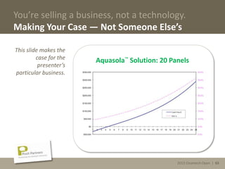 2013 Cleantech Open | 63
You’re selling a business, not a technology.
Making Your Case — Not Someone Else’s
This slide makes the
case for the
presenter’s
particular business.
Aquasola™ Solution: 20 Panels
2013 Cleantech Open | 63
 