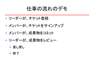 仕事の流れのデモ
リーダーが、チケット登録
メンバーが、チケットをサインアップ
メンバーが、成果物をコミット
リーダーが、成果物をレビュー
 差し戻し
 終了
 