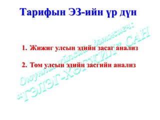 Тарифын ЭЗ-ийн үр дүн


1. Жижиг улсын эдийн засаг анализ

2. Том улсын эдийн засгийн анализ
 