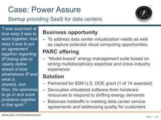 Case: Power Assure
Startup providing SaaS for data centers
Business opportunity
– To address data center virtualization needs as well
as capture potential cloud computing opportunities
PARC offering
– “Model-based” energy management suite based on
strong multidisciplinary expertise and cross-industry
experience
Solution
– Partnered for $5M U.S. DOE grant (1 of 14 awarded)
– Decouples virtualized software from hardware
resources to respond to shifting energy demands
– Balances tradeoffs in meeting data center service
agreements and addressing quality for customers
PARC | 102
"I was surprised at
how easy it was to
work together, how
easy it was to put
an agreement
together regarding
IP (being able to
clearly define
ahead of time
what/whose IP and
what is
shared), and
then, the openness
to go in and solve
problems together
in that spirit."
-- Brad Wurtz, CEOwww.parc.com/powerassure
 