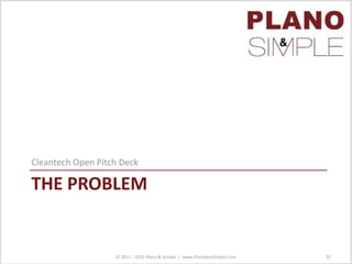 THE PROBLEM
Cleantech Open Pitch Deck
© 2011 - 2013 Plano & Simple | www.PlanoAndSimple.com 25
 