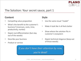 The Solution: Your secret sauce, part 1
Content
• Compelling value proposition
• What’s the benefit to the customer’s
business? (revenues, costs, time,
productivity, market)
• Depict real differentiation (but stay
out of the weeds)
• Describe your business
• Product or service
Style
• Use the same visual “model”
• Make it look like it all feels better
• Show where the solution fits in
customer’s ecosystem
• Depict technical elegance (keep out
of those weeds)
© 2011 - 2013 Plano & Simple | www.PlanoAndSimple.com 35
If you don’t have their attention by now,
you’re dead!
 