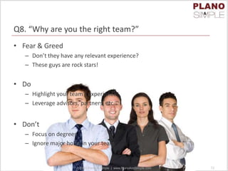 Q8. “Why are you the right team?”
• Fear & Greed
– Don’t they have any relevant experience?
– These guys are rock stars!
• Do
– Highlight your team’s experience
– Leverage advisors, partners, etc.
• Don’t
– Focus on degrees
– Ignore major holes in your team
© 2013 Plano & Simple | www.PlanoAndSimple.com 72
 