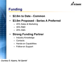 Funding
• $2.0m to Date - Common
• $3.0m Proposed - Series A Preferred
– 45% Sales & Marketing
– 35% R&D
– 20% G&A
• Strong Funding Partner
– Industry Knowledge
– Contacts
– Hands-on Capabilities
– Follow-on Support
Courtesy D. Kopans, Fat Spaniel
 