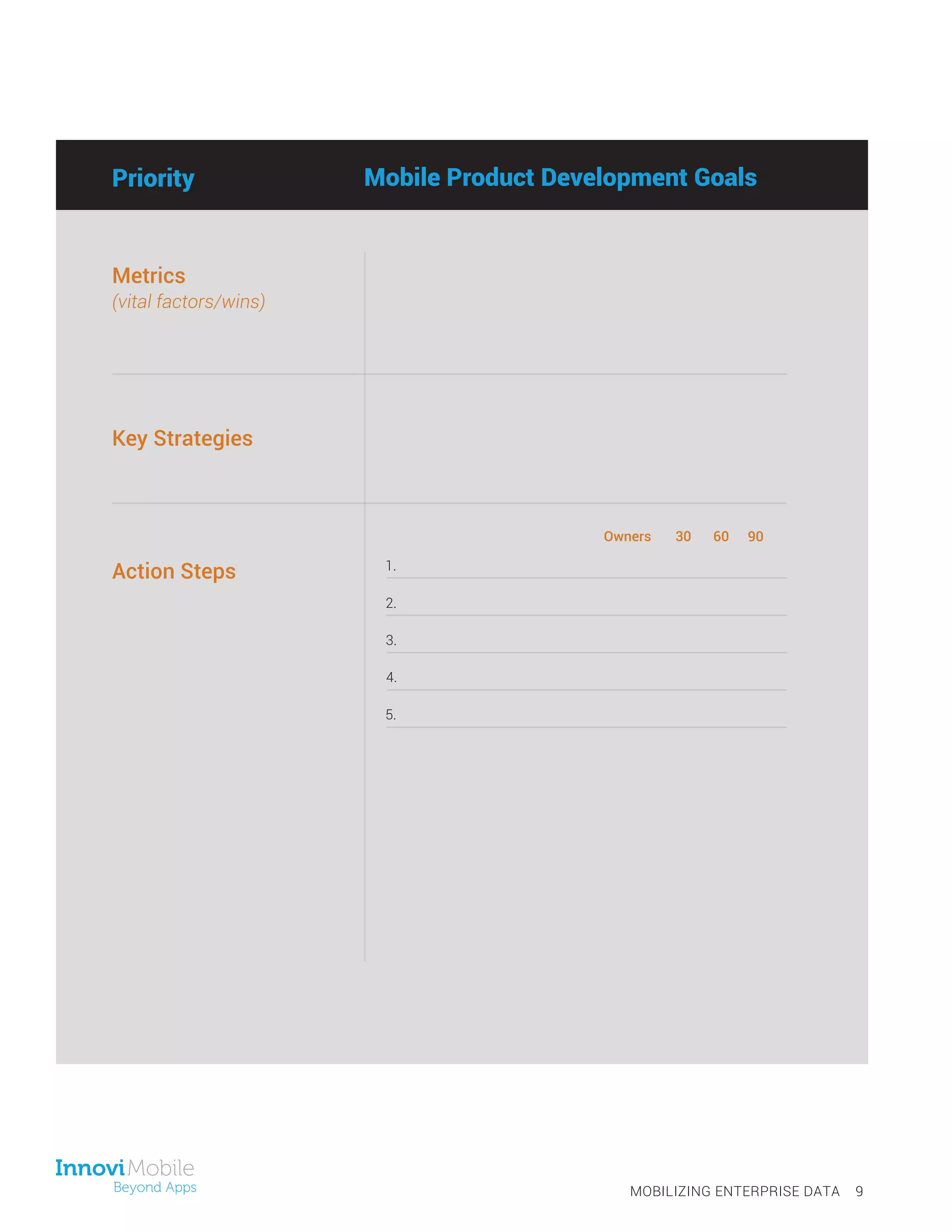 Metrics
(vital factors/wins)
Key Strategies
Action Steps
Priority Mobile Product Development Goals
1.
2.
3.
4.
Owners 30 60 90
5.
MOBILIZING ENTERPRISE DATA 9
 