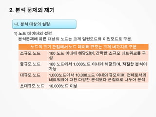 2. 분석 문제의 제기
1) 노드 데이터의 설정
분석문제에 따른 대상의 노드는 크게 일원모드와 이원모드로 구분.
나. 분석 대상의 설정
노드의 크기 관점에서 노드 데이터 규모는 크게 네가지로 구분
소규모 노드 100 노드 이내에 해당되며, 간략한 소규모 네트워크를 구
성
중규모 노드 100 노드에서 1,000노드 이내에 해당되며, 적절한 분석이
가능
대규모 노드 1,000노드에서 10,000노드 이내의 규모이며, 전체로서의
네트워크에 대한 다양한 분석보다 군집으로 나누어 분석
초대규모 노드 10,000노드 이상
 