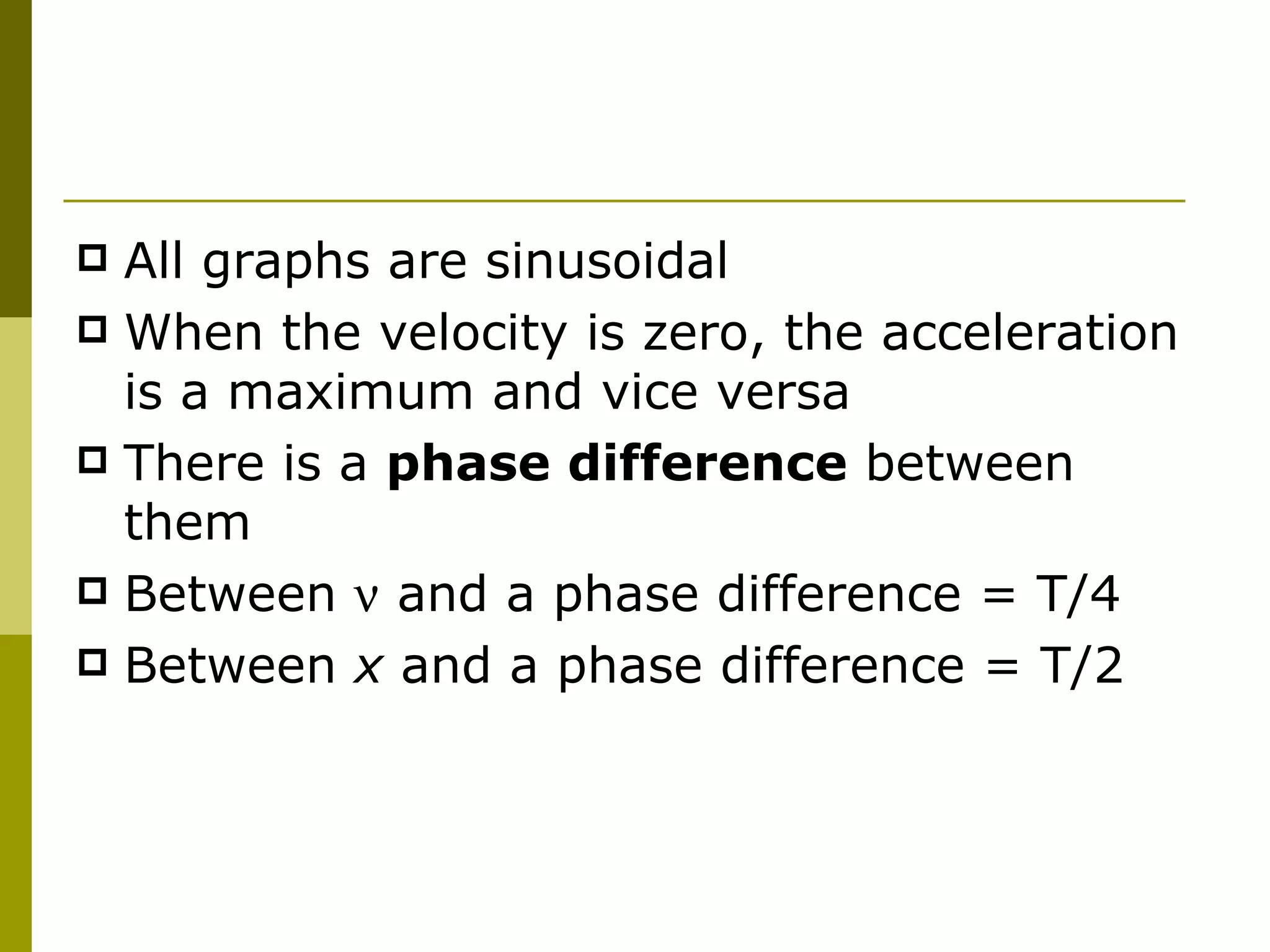 All graphs are sinusoidal When the velocity is zero, the acceleration is a maximum and vice versa There is a  phase difference  between them Between    and a phase difference = T/4 Between  x  and a phase difference = T/2 