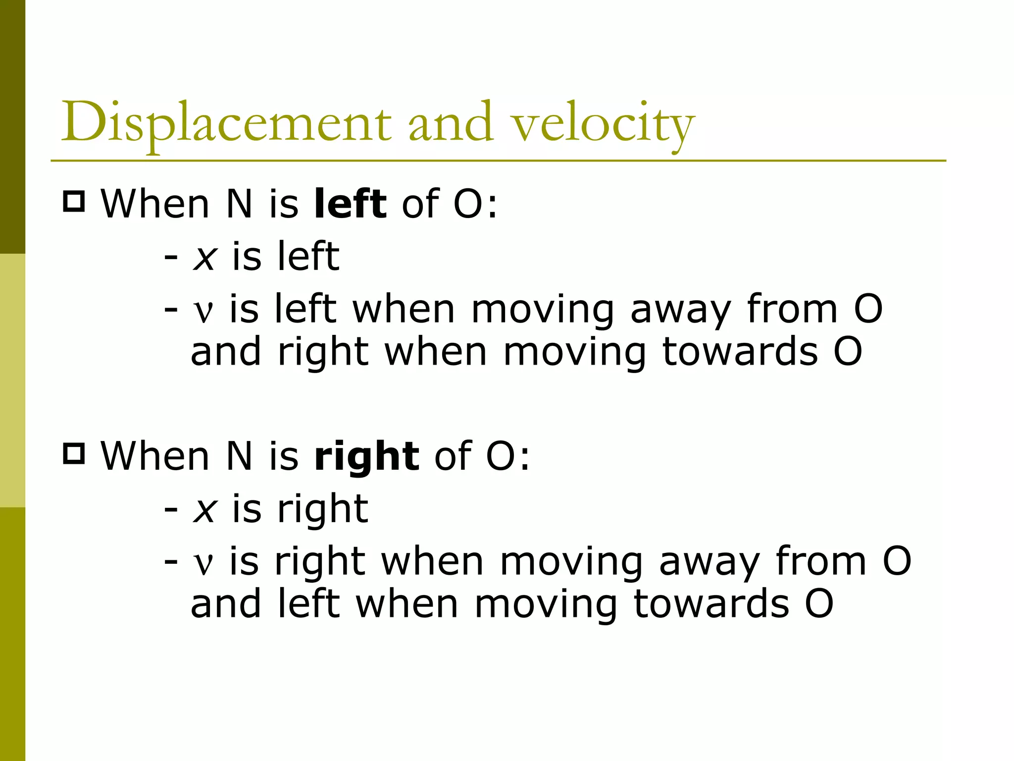 Displacement and velocity When N is  left  of O: -  x  is left -    is left when moving away from O    and right when moving towards O When N is  right  of O: -  x  is right -    is right when moving away from O    and left when moving towards O 
