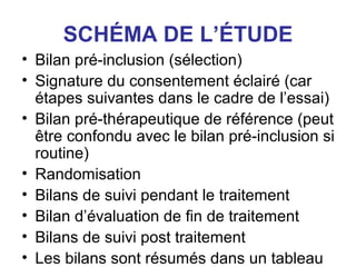 SCHÉMA DE L’ÉTUDE
• Bilan pré-inclusion (sélection)
• Signature du consentement éclairé (car
  étapes suivantes dans le cadre de l’essai)
• Bilan pré-thérapeutique de référence (peut
  être confondu avec le bilan pré-inclusion si
  routine)
• Randomisation
• Bilans de suivi pendant le traitement
• Bilan d’évaluation de fin de traitement
• Bilans de suivi post traitement
• Les bilans sont résumés dans un tableau
 