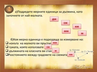 а)Подредете мерните единици за дължина, като започнете от най-малката. б)Коя мерна единица е подходяща за измерване на: нокъта  на малкото ви пръстче гумата, която използвате дължината на класната ви стая Разстоянието между градовете на схемата. 
