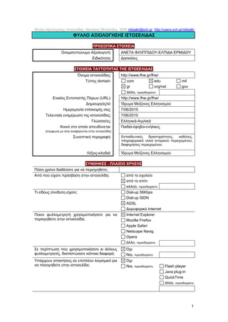 Φύλλο Αξιολόγησης Ιστοσελίδας, Νικόλαος Μπαλκίζας, 2008 nikbalki@sch.gr, http://users.sch.gr/nikbalki
                        ΦΥΛΛΟ ΑΞΙΟΛΟΓΗΣΗΣ ΙΣΤΟΣΕΛΙΔΑΣ

                                     ΠΡΟΣΩΠΙΚΑ ΣΤΟΙΧΕΙΑ
                Ονοματεπώνυμο Αξιολογητή:             ANETA ΦΙΛΙΠΠΙΔΟΥ-EΛΠΙΔΑ ΕΡΜΙΔΟΥ
                              Ειδικότητα:             Δασκάλες

                         ΣΤΟΙΧΕΙΑ ΤΑΥΤΟΤΗΤΑΣ ΤΗΣ ΙΣΤΟΣΕΛΙΔΑΣ
                            Όνομα ιστοσελίδας:        http://www.fhw.gr/fhw/
                               Τύπος domain:              com              edu               mil
                                                          gr               org/net           gov
                                                          άλλο, προσδιορίστε:
           Ενιαίος Εντοπιστής Πόρων (URL):            http://www.fhw.gr/fhw/
                             Δημιουργός/οί:           Ίδρυμα Μείζονος Ελληνισμού
                 Ημερομηνία επίσκεψής σας:            7/06/2010
       Τελευταία ενημέρωση της ιστοσελίδας:           7/06/2010
                                Γλώσσα/ες:            Ελληνικά-Αγγλικά
               Κοινό στο οποίο απευθύνεται:           Παιδιά-έφηβοι-ενήλικες
      (σύμφωνα με όσα αναφέρονται στην ιστοσελίδα)
                        Συνοπτική περιγραφή:          Εκπαιδευτικές    δραστηριότητες,  εκθέσεις,
                                                      πληροφοριακό υλικό ιστορικού περιεχομένου,
                                                      διαφημήσεις περιεχομένου

                                 Λέξεις-κλειδιά:      Ίδρυμα Μείζονος Ελληνισμού

                                ΣΥΝΘΗΚΕΣ - ΠΛΑΙΣΙΟ ΧΡΗΣΗΣ
Πόσο χρόνο διαθέσατε για να περιηγηθείτε;
Από πού είχατε πρόσβαση στην ιστοσελίδα;                  από το σχολείο
                                                          από το σπίτι
                                                          αλλού, προσδιορίστε:
Τι είδους σύνδεση είχατε;                                 Dial-up 56Kbps
                                                          Dial-up ISDN
                                                          ADSL
                                                          Δορυφορικό Internet
Ποιον φυλλομετρητή χρησιμοποιήσατε για να                 Internet Explorer
περιηγηθείτε στην ιστοσελίδα;                             Mozilla Firefox
                                                          Apple Safari
                                                          Netscape Navig.
                                                          Opera
                                                          άλλο, προσδιορίστε:
Σε περίπτωση που χρησιμοποιήσατε κι άλλους                Όχι
φυλλομετρητές, διαπιστώσατε κάποια διαφορά;               Ναι, προσδιορίστε:
Υπάρχουν απαιτήσεις σε επιπλέον λογισμικό για             Όχι
να πλοηγηθείτε στην ιστοσελίδα;                           Ναι, προσδιορίστε:      Flash player
                                                                                  Java plug-in
                                                                                  QuickTime
                                                                                  άλλο, προσδιορίστε:




                                                                                                   1
 