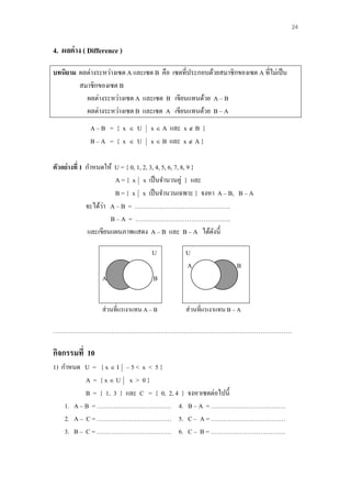 24

4. ผลต่ าง ( Difference )

บทนิยาม ผลต่างระหว่าง๶ซต A และ๶ซต B คือ ๶ซตที่ประกอบด้วยสมาชิกของ๶ซต A ที่ไม่เป็ น
        สมาชิกของ๶ซต B
          ผลต่างระหว่าง๶ซต A และ๶ซต B เขียนแทนด้วย A – B
          ผลต่างระหว่าง๶ซต B และ๶ซต A เขียนแทนด้วย B – A
             A–B = { x         U x  A และ x  B }
             B–A = { x         U x  B และ x  A }

ตัวอย่างที่ 1 กาหนดให้ U = { 0, 1, 2, 3, 4, 5, 6, 7, 8, 9 }
                        A = { x x เป็ นจานวนคู่ } และ
                        B = { x x เป็ นจานวนเฉพาะ } จงหา A – B, B – A
                    ่
              จะได้วา A – B = ……………………………………….
                       B – A = ……………………………………….
               และเขียนแผȨาพแสดง A – B และ B – A ได้ดงนี้  ั

                                    U         U
                                              A                   B
                 A                   B


                 ส่ วนที่แรเงาแทน A – B       ส่ วนที่แรเงาแทน B – A

…………………………………………………………………………………………………….

กิจกรรมที่ 10
1) กาหนด U = { x  I – 5 < x < 5 }
           A = {xU x > 0}
           B = { 1, 3 } และ C = { 0, 2, 4 }    จงหา๶ซตต่อไปนี้
    1. A – B = ……………………………… 4.                 B – A = ………………………………
    2. A – C = ……………………………… 5.                 C – A = ………………………………
    3. B – C = ……………………………… 6.                 C – B = ………………………………
 