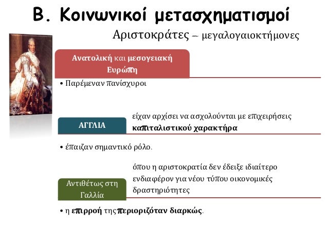 Β. Κοινωνικοί μετασχηματισμοί
Αριστοκράτες – μεγαλογαιοκτήμονες
Ανατολική και μεσογειακή
Ευρώπη
• Παρέμεναν πανίσχυροι
είχ...