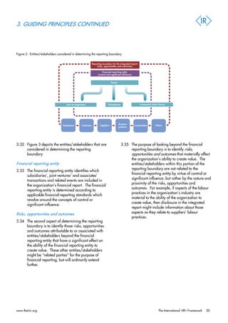 3. GUIDING PRINCIPLES CONTINUED
Figure 3: Entities/stakeholders considered in determining the reporting boundary:
3.32 Figure 3 depicts the entities/stakeholders that are
considered in determining the reporting
boundary
Financial reporting entity
3.33 The financial reporting entity identifies which
subsidiaries’, joint ventures’ and associates’
transactions and related events are included in
the organization’s financial report. The financial
reporting entity is determined according to
applicable financial reporting standards which
revolve around the concepts of control or
significant influence.
Risks, opportunities and outcomes
3.34 The second aspect of determining the reporting
boundary is to identify those risks, opportunities
and outcomes attributable to or associated with
entities/stakeholders beyond the financial
reporting entity that have a significant effect on
the ability of the financial reporting entity to
create value. These other entities/stakeholders
might be “related parties” for the purpose of
financial reporting, but will ordinarily extend
further.
3.35 The purpose of looking beyond the financial
reporting boundary is to identify risks,
opportunities and outcomes that materially affect
the organization’s ability to create value. The
entities/stakeholders within this portion of the
reporting boundary are not related to the
financial reporting entity by virtue of control or
significant influence, but rather by the nature and
proximity of the risks, opportunities and
outcomes. For example, if aspects of the labour
practices in the organization’s industry are
material to the ability of the organization to
create value, then disclosure in the integrated
report might include information about those
aspects as they relate to suppliers’ labour
practices.
www.theiirc.org The International <IR> Framework 20
 