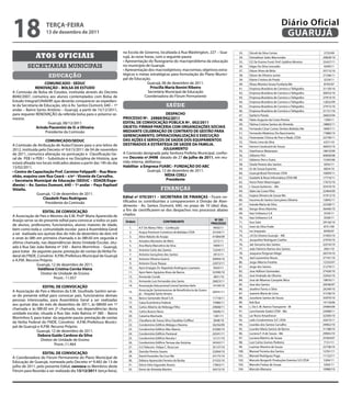 18                   teRçA-feiRA
                     13 de dezembro de 2011
                                                                                                                                                                             Diário Oficial
                                                                                                                                                                              GUARUJÁ
                                                                     na Escola de Governo, localizada à Rua Washington, 227 – Gua-              33.   Dirceli da Silva Cortez                        2725/09
              Atos oficiAis                                          rujá, às nove horas, com a seguinte pauta:                                 34.   Donaldson Sales Marcondes                     29828/10
                                                                     • Apresentação do fluxograma do macroproblema da educação                  35.   E.E De Ensino Fund. Prof. Galdino Moreira     25437/11
         secretarias municipais                                      no município de Guarujá;                                                   36.   Edgar Da Silva Leocadio                        9299/11
                                                                     • Apresentação dos macroobjetivos; macromtas; objetivos estra-             37.   Edson Alves de Brito                          35715/10
                      educação                                       tégicos e metas estratégicas para formulação do Plano Munici-              38.   Edson de Oliveira Junior                      21546/11
                                                                     pal de Educação.                                                           39.   Elaine Cristina do Prado                       3229/11
                    COMUNiCADO - SeDUC                                              Guarujá, 06 de dezembro de 2011.                            40.   Eliseu Moreira Sousa Funilaria Me              8745/07
              ReNOVAçÃO – BOLSA De eStUDO                                             Priscilla Maria Bonini Ribeiro                            41.   Empresa Brasileira de Correios e Telégrafos   31150/10
A Comissão de Bolsa de Estudos, instituída através do Decreto                       Secretária Municipal de Educação                            42.   Empresa Brasileira de Correios e Telégrafos   30053/10
8040/2007, comunica aos alunos contemplados com Bolsa de                           Coordenadora do Fórum Permanente                             43.   Empresa Brasileira de Correios e Telégrafos   27914/10
Estudo Integral/UNAERP, que deverão comparecer ao expedien-                                                                                     44.   Empresa Brasileira de Correios e Telégrafos   12832/09
te da Secretaria de Educação, sito à Av. Santos Dumont, 640 – 1º                                 saúde                                          45.   Empresa Brasileira de Correios e Telégrafos   27915/10
andar – Bairro Santo Antônio – Guarujá, a partir de 15/12/2011,                                                                                 46.   Empresa Brasileira de Correios e Telégrafos   31151/10
para requerer RENOVAÇÃO da referida bolsa para o próximo se-                                   DeSPACHO                                         47.   Epitácio Paixão                               26603/04
mestre.                                                              PROCeSSO Nº. 24969/942/2011                                                48.   Fabio Augusto da Costa Pereira                 1399/11
                       Guarujá, 08/12/2011                           eDitAL De CONVOCAçÃO PÚBLiCA Nº. 002/2011                                  49.   Fátima Cristina Santos de Almeida             18883/11
               Arinda Piacentini de O. e Oliveira                    OBJetO: fiRMAR PARCeRiA COM ORGANiZAçÕeS SOCiAiS                           50.   Fernando César Costas Simões Bebidas Me       18967/11
                     Presidente da Comissão                          MeDiANte CeLeBRAçÃO De CONtRAtO De GeStÃO PARA                             51.   Fernando Medeiros Do Nascimento               17880/10
                                                                     GeReNCiAMeNtO, OPeRACiONALiZAçÃO e eXeCUçÃO                                52.   Fisiomaster Clínica de Prev e Reab. LTDA      23739/11
                     COMUNiCADO/SeDUC                                DAS AçÕeS e SeRViçOS De SAÚDe DOS eQUiPAMeNtOS                             53.   Flavio Lima da Silva                           6331/10
A Comissão de Atribuição de Aulas/Classes para o ano letivo de       DeStiNADOS A eStRAtÉGiA De SAÚDe DA fAMiLiA.                               54.   Gerson Cavalcanti de Souza                    36655/10
2012, instituída pelo Decreto nº 9.613/2011 de 04 de novembro                                 JULGAMeNtO
                                                                                                                                                55.   Gianfranco Matarazzo                          18610/09
de 2011, comunica alteração na pontuação e Classificação Ge-         A Comissão designada pela Senhora Prefeita Municipal, confor-
                                                                                                                                                56.   Gilberto Pini                                 40858/08
ral de PEB I e PEB I – Substituto e na Disciplina de História, que   me Decreto nº.9498 datado de 27 de julho de 2011, em reu-
                                                                                                                                                57.   Gilberto Pini e Outra                         15395/00
estará afixada nos locais indicados abaixo a partir das 14h do dia   nião interna, deliberou:
                                                                                                                                                58.   Gisele Pereira dos Santos                      5035/11
13/02/2011.                                                          Habilitar a empresa fUABC– fUNDAçÃO DO ABC
                                                                                                                                                59.   Gr de Souza Esportes                           6824/10
• Centro de Capacitação Prof. Carmine Felippelli – Rua Mara-                        Guarujá, 12 de dezembro de 2011.
                                                                                                                                                60.   Guarujá Brasil Terminais LTDA                 10009/11
nhão, esquina com Rua Ceará – s/nº - Vicente de Carvalho.                                      NÍDiA COeLi
                                                                                                                                                61.   Guidotti & Rossi Informática LTDA ME          17719/11
• Secretaria Municipal de Educação (SEDUC – EDADE/Expe-                                        Presidente
                                                                                                                                                62.   Horst Peter Meermagen                         17675/10
diente) – Av. Santos Dumont, 640 – 1º andar – Paço Raphael                                                                                      63.   I. Souza Gutierres – Me                       35419/10
Vitiello.                                                                                    finanças                                           64.   Idalci da Costa Filho                         22464/09
               Guarujá, 12 de dezembro de 2011.                                                                                                 65.   Inajara Oliveira de Souza Me                  31913/10
                   Claudeth Paes Rodrigues                           edital nº 070/2011 – SeCRetARiA De fiNANçAS - Ficam no-
                                                                     tificados os contribuintes a comparecerem à Divisão de Aten-               66.   Iracema do Santos Gonçalves Oliveira          13845/11
                     Presidente da Comissão                                                                                                     67.   Iraiuda Maria da Silva                        22328/11
                                                                     dimento - Av. Santos Dumont, 640, no prazo de 10 (dez) dias,
                                                                     a fim de cientificarem-se dos despachos nos processos abaixo               68.   Itango Alves Marinho                          36440/10
                   eDitAL De CONVOCAçÃO                                                                                                         69.   Itaú Unibanco S.A                              3559/11
A Associação de Pais e Mestres da E.M. Profª Maria Aparecida de      citados:
                                                                                                                                                70.   Itaú Unibanco S.A                              3558/11
Araújo serve-se do presente edital para convocar a todos os pais                                                                      Nº DO
                                                                      Ordem                    CONtRiBUiNte                                     71.   Ituo Sato                                     29156/10
                                                                                                                                   PROCeSSO
de alunos, professores, funcionários, alunos maiores de idade,                                                                                  72.   Ivani da Silva Frade                           8751/09
                                                                         1.   A.F De Abreu Filho – Confecção                         9950/11
bem como toda a comunidade escolar para à Assembleia Geral                                                                                      73.   Ivo Imparato                                   8599/07
                                                                         2.   Acqua Premium Comércio de Bebidas LTDA                23164/11
a ser realizada aos quinze dias do mês de dezembro de dois mil                                                                                  74.   J.A Da Silveira Guarujá – ME                  31005/10
                                                                         3.   Aline Rebelo de Araújo                                41084/09
e onze às 08h em primeira chamada e às 08h30 em segunda e                                                                                       75.   Jacqueline Rodrigues Coelho                   27970/10
                                                                         4.   Amadeu Monteiro de Melo                                5272/11
última chamada, nas dependências desta Unidade Escolar, situ-                                                                                   76.   Jair Genuíno dos Santos                       22516/10
ada à Rua São João Batista nº 330 – Bairro Morrinhos - Guarujá,          5.   Ana Maria Marcelino da Silva                           5909/11
                                                                         6.   Antonio Carlo dos Santos                              12244/11    77.   João Fabrício Ramos dos Santos                 2061/10
para tratar da seguinte pauta: prestação de contas da Verba Fe-                                                                                 78.   Joaquina Pergorari Magri                      26574/10
deral do FNDE, Convênio A.P.M./Prefeitura Municipal de Guarujá           7.   Antonio Gonçalves dos Santos                           3913/11
                                                                         8.   Antonio Oliveira Guerra                               30094/10    79.   Joel Laurentino Neves                         37191/10
e A.P.M. Recurso Próprio.                                                                                                                       80.   Jorge Alberto Farahte                         12335/07
               Guarujá, 12 de dezembro de 2011.                          9.   Antonio Oscar Roque                                   22072/11
                                                                        10.   Apm Empges Dr. Napoleão Rodrigues Laureano             9450/11    81.   Jorge dos Santos                              21279/11
                Valdilene Cristina Corrêa Vieira                                                                                                82.   Jose Adilson Guimarães                        37426/10
                  Diretor de Unidade de Ensino                          11.   Apm Neim Agripina Alves de Barros                     32390/10
                                                                        12.   Armando Conde                                          3841/10    83.   José Andrade de Oliveira                      32042/10
                          Pront.: 11.057                                                                                                        84.   Jose de Ribamar Campelo Mica                  19876/11
                                                                        13.   Armando Luis Fernandes dos Santo                      26823/11
                                                                        14.   Associação Educacional Litoral Santista Aelis         14194/10    85.   Jose dos Santos                               20546/97
                   eDitAL De CONVOCAçÃO
                                                                              Associação Santamarense de Beneficiência de Guaru-                86.   Joselino Torres e Silva                       24249/10
A Associação de Pais e Mestres da E.M. Giusfredo Santini serve-         15.                                                        20541/11
                                                                              já – Hospital Santo Amaro                                         87.   Juanere Maria de Lima                         31538/10
se do presente edital para convocar pais, funcionários demais
                                                                        16.   Banco Santander Brasil S.A.                          11718/11     88.   Juscelane Santos de Sousa                     35979/10
pessoas interessadas, para Assembleia Geral a ser realizadas
                                                                        17.   Caixa Econômica Federal                              15080/11     89.   Kok Bun                                       14118/06
aos quinze dias do mês de dezembro de 2011, às 08h00 em 1ª
                                                                        18.   Carlos Alberto de Nóbrega Filho                      29608/11     90.   L. Da S. M. Ramos Transporte - M              24984/09
chamada e às 08h30 em 2ª chamada, nas dependências desta
                                                                        19.   Carlos Buono Novo                                    16696/11     91.   Lanchonete Godoi LTDA - Me                    22008/11
unidade escolar, situada à Rua São João Batista nº 380 – Bairro
                                                                        20.   Catarina Machado                                      1281/11     92.   Lar Novo Amanhecer                            32500/10
Morrinhos II, para tratar da seguinte pauta: prestação de contas
                                                                        21.   Claudiana de Sousa Silva Claudiias Coiffeur           3648/10     93.   Lello Condomínios S/C LTDA                    25673/11
da Verba Federal do FNDE, Convênio A.P.M./Prefeitura Munici-
                                                                        22.   Condomínio Edifício Málaga e Ravena                  36256/09     94.   Lourdes dos Santos Carvalho                   29462/10
pal de Guarujá e A.P.M. Recurso Próprio.
                                                                        23.   Condomínio Edifício Mar Aberto                       23280/10     95.   Lourdes Maria Santos de Barros                31188/10
               Guarujá, 12 de dezembro de 2011.
                                                                        24.   Condomínio Edifício Pantanal                         24341/11     96.   Luciana F. A de Souza - Me                    29065/10
                Debora Guido Cardoso da Silva
                                                                        25.   Condomínio Edifício Renata I                         12121/10     97.   Luciana Martins de Souza                      25364/07
                  Diretor de Unidade de Ensino
                                                                        26.   Condomínio Edifício Terraza das Astúrias             24342/11     98.   Luiz Carlos Gomes Pedreira                     7151/11
                           Pront.:11.464
                                                                        27.   Cr2 Telecom. Felipe C. Rosa Len                      35137/10     99.   Luzimar Moreira de Souza                      22738/10
                                                                        28.   Damião Pereira Soares                                32004/10    100.   Manoel Ferreira dos Santos                    12761/11
                  eDitAL De CONVOCAçÃO
                                                                        29.   David Ferandes Da Cruz Me                            23175/10    101.   Manoel Rodriguez Puga                         11132/11
A Coordenadora do Fórum Permanente do Plano Municipal de
                                                                        30.   Débora Aparecida Ferreira de Borba                   31555/10    102.   Marcelo Borgerth Produções Eventos S/S LTDA    5304/11
Educação de Guarujá, nomeada pelo Decreto nº 9.482 de 13 de
                                                                        31.   Décio Felix Fagundes Nunes                           17843/11    103.   Marcelo Freitas de Souza                       5503/11
julho de 2011, pelo presente Edital, convoca os Membros deste
                                                                        32.   Denis de Almeida Martins                             34272/10    104.   Marcelo Mansera                               10980/10
Fórum para Reunião a ser realizada dia 13/12/2011 (terça-feira),
 