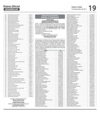 Diário Oficial
 GUARUJÁ
                                                                                                                                              teRçA-feiRA
                                                                                                                                              13 de dezembro de 2011
                                                                                                                                                                            19
 105.   Márcia Regina Trachio de Brito                22562/11                                                                       APARECIDA DE FATIMA OLIVA CUNHA        21207400949
 106.   Marcos Dias / Olívia Gomes                     2225/11                 desenvolvimento                                       APOLIANA MARQUES                       16130120657
 107.   Marcos Paulo Santos Soares                    35982/10                social e cidadania                                     ARNALTO RODRIGUES DE SOUZA             21245537107
 108.   Marcos Paulo Santos Soares                    35984/10                                                                       ARNOU DO NASCIMENTO                    10433183583
 109.   Maria Aparecida de Mattos                      1447/11                            CONVOCAçÃO                                 AUDETE GONCALVES DA SILVA              21207406076
 110.   Maria Aparecida Franco Puttini                 4331/11                  “ReUNiÃO eXtRAORDiNÁRiA DO                           AYRTON JOSE DE SANTANA                 10262266153
 111.   Maria de Fátima Ferreira                      28928/10                 CONSeLHO MUNiCiPAL DO iDOSO”                          BEATRIZ SILVA SOARES BORGES            16152977607
 112.   Maria de Fátima Oliveira Silva                10506/11   O CMI – Conselho Municipal do Idoso no uso de suas atribui-         BENEDITA LELLIS PAROLARI               10614883218
 113.   Maria de Las Nieves dos Santos Fernandez       798/11    ções, nos termos da Lei Municipal nº 2.984, de 24 de setembro       BENEDITA PASSOS DOS SANTOS             21249553360
 114.   Maria de Lourdes T. De Castro Me              12901/11   de 2002, convoca os membros titulares e suplentes para Reunião      BENEDITA VERONICA DE SOUZA FIGLIOLI    20342408539
 115.   Maria Francisca Costa da Silva                30992/10   Extraordinária, no dia 16 de dezembro de 2011 às 14 horas,          BIANCA DE FATIMA DE SOUZA              21258305463
                                                                 na Casa dos Conselhos, sito à Rua Montenegro, nº 455 – Centro.      BRUNA BARBOSA DE SOUZA                 16017164741
 116.   Maria Jose da Silva                           12722/11
                                                                 Com a seguinte pauta:                                               BRUNA BARBOSA DE SOUZA                 16017164741
 117.   Maria Wilda Góis de Almeida                   29281/10
                                                                 • crachá para os conselheiros do CMI;                               BRUNA ROMAO DO ESPIRITO SANTO          20638043462
 118.   Marlene Neve de Sousa Righi                    8438/11
                                                                 • metas para 2012;                                                  CACILDA MARIA DA CONCEICAO             22807291995
 119.   Marly Voigt                                   12342/10
                                                                 • liberação do cronograma 2012;                                     CAMILA SANTOS CARDOSO                  16281375042
 120.   Mauro Sergio da Silva Martins                  9154/11
                                                                                Guarujá, 12 de dezembro de 2011.                     CARINA DA SILVA                        22006454950
 121.   Meube Leite do Nascimento                     38003/10
                                                                                                                                     CARLA TEIXEIRA DE CASTRO               22007490594
 122.   MG dos Santos Gomes Me                        10256/11                      esmeralda Cirillo da Silva
                                                                                                                                     CARMELITA BRAGA DA SILVA               20667235552
 123.   Micheline Ferreira de Araújo                  21332/11                        Vice-Presidente do CMI
                                                                                                                                     CAROLINA MENEGHINI DA SILVA            16467967837
 124.   Moreto e Boscolo Restaurante LTDA - me         8488/10                                                                       CELIA DO CARMO ARAUJO                  10774739867
 125.   Moyses Aldo Nascimento                        20572/10   A Coordenação do Cadastro único e Programa Bolsa Família, em
                                                                                                                                     CELIA REGINA DE SOUZA                  13717219935
 126.   Naiara Silva Dos Santos                       19686/10   conformidade com os termos do Decreto Federal nº 5.209/2004,
                                                                                                                                     CEZAR PAULA DA SILVA                   12308567122
 127.   Nivaldo Pavan                                  3995/11   comunica ao beneficiários do Programa Bolsa Família abaixo
                                                                                                                                     CICERA GONCALVES                       23604263316
 128.   Paulo Sergio da Silva dos Santos              7179/11    relacionados, que obtiverem a liberação do benefício a partir       CINTIA LILIAN DOS SANTOS               23604441346
 129.   Paulo Sergio Pastorello                        7173/07
                                                                 do mês de Novembro/2011 e que ainda não receberam os res-           CLARA SILVA GOMES DE MELO              12842323930
 130.   Pedro da Silva Vasconcelos                    22587/10
                                                                 pectivos Cartão, a necessidade de comparecem à “Casa de As-         CLAUDIA ANDREIA DA SILVA LEAL          22806471728
                                                                 sistência Integrada”, localizada à Rua Cavalheiro Nami Jafet, 669   CLAUDIA CELESTE SERENO                 16519903664
 131.   R M Sobreira Junior - ME                      2939/11
                                                                 Centro, neste Município.                                            CLAUDIA CORADELLA DE ALMEIDA           12302366435
 132.   Rcn & Amds – Lanchonete LTDA                  36281/10
                                                                                      titULAR                         NiS            CLAUDIA MARIA DOS SANTOS MIRANDA       16470738630
 133.   Reginaldo Felix da Costa                      11418/10
                                                                 ADELAIDE DAS DORES MORAES                        13537938895        CLAUDIA SANTOS VICENTE FUJIMOTO        22806057638
 134.   Roberto dos Santos Minimercado – ME           14395/11   ADELAIDE PEREIRA DA SILVA                        10722183140        CLAUDICE CONCEICAO SANTANA DE MELO     10774582399
 135.   Roberto Lucio Vieira                          23676/11   ADONIZETE DA SILVA DOTE                          10553122409        CLAUDINETE DA ROCHA                    16469819037
 136.   Rodolfo Scarel Filho                          17312/08   ADRIANA BARBOSA DA SILVA                         12898650937        CLEIA CORREA SILVA                     22806504537
 137.   Roger Dias Coelho                              3659/10   ADRIANA DA SILVA TIBIRICA                        12563467855        CLEIA FERREIRA ROCHA                   16518541238
 138.   Rogério Ronconi Torrente                       9844/10   ADRIANA DE OLIVEIRA FERRER                       21207345409        CLEIDIANE ALVES SOARES DA SILVA        16506477009
 139.   Romy Aguiar Aggio                             28518/10   ADRIANA MARQUES DE CARVALHO                      16164524033        CREUSA CAVALCANTE DA SILVA             12397912580
 140.   Rosa Maria Soares                             32552/10   ALESSANDRA ALMEIDA SANTOS                        20372285591        CREUSA DE MOURA                        12469817252
 141.   Rosivania Maria de Fontes Convenência - ME    25587/10   ALESSANDRA DA SILVA RAMOS                        16008741677        CRISTIANA DA SILVA MATOS               13709516896
 142.   Rubens Godoi Vieira                            5299/11   ALESSANDRA HELENA DA SILVA                       20098777283        CRISTIANE SANTOS CARDOSO               16194720531
 143.   Rui Pereira da Silva                          30835/10   ALEXSSANDRA ALBINO DOS SANTOS                    21201032263        CRISTINA APARECIDA COSTA DE LIMA       16450544482
 144.   Santos e Prado LTDA – Me                      16670/11   ALINE DE JESUS                                   20166966317        CRISTINA DE SOUZA ROSA                 20649634416
 145.   Sarita Alves dos Reis – Me                    36510/10   ALINE SANTOS DE JESUS                            21203743671        CRISTINA MARIA DOS SANTOS CARVALHO     12226306368
 146.   Sarkis Arakelian Netto                         6226/11   ALMERINDA DOS SANTOS                             12549470054        DAIANE TAVARES DE NOBRE                16020796419
 147.   Sharon Camila Gonçalves de Araújo             12565/11   AMANDA CRISTINA SOARES RAMOS                     21258191328        DAMIANA RAMOS DOS SANTOS               10269313262
 148.   Sidnei Aranha                                 34195/10   AMANDA LIMA DA SILVA                             21257542062        DANIELA APARECIDA MARTINS DA FONSECA   20109849056
 149.   Sociedade Amigos do Bairro Maré Mansa         17559/11   AMARA DA SILVA RAMOS                             21250727636        DANIELA DA SILVA                       20081919756
                                                                 AMAURI QUIRINO DAS NEVES                         12069442820        DANIELA DO NASCIMENTO BONFIM           20376444708
 150.   Sociedade Esportiva Itapema                   3962/11
                                                                 ANA CAROLINA LIBANO OLIVEIRA                     21257996098        DANIELA RIBEIRO DE SANTANA             20913997042
 151.   Somaga Empreendimentos LTDA                   20177/11
                                                                 ANA CAROLINA MADUREIRA FRANCISCO                 16012838078        DANIELE LIMA DOS SANTOS                20485942482
 152.   Sonia Maria Bezerra Vieira                    30229/10   ANA CLAUDIA SANTOS                               20003669836        DARCIRA FERREIRA DE MATOS              21257733895
 153.   Su Pu Wa                                      10464/11   ANA MARIA DIAS DOS SANTOS                        21258580030        DARLIENE SANTOS CARDOSO                16106314811
 154.   Telecomunicações de São Paulo S/A Telesp       9911/09   ANA PATRICIA DE OLIVEIRA SOARES                  16151181647        DEBORA DE JESUS NASCIMENTO             20360899352
 155.   Translocal Intermodal Transporte e Armazéns    981/11    ANA PAULA DA SILVA                               20108405510        DEBORA MARIA DOS SANTOS                21257684177
 156.   Transporte e Comércio Fassina LTDA            7830/06    ANA PAULA DE CAMPOS GUEDES E SILVA               12584741816        DEISE COSTA DE MORAES                  20081912247
 157.   União Comércio Importação e Exportação LTDA   19805/11   ANA PAULA DE OLIVEIRA VIEIRA                     21257549172        DEISE FERREIRA                         12335671792
 158.   Valdervan Oliveira                            34598/10   ANA ROSA VINEL                                   12101103968        DELVINO PEREIRA DOS SANTOS             10714269651
 159.   Valmir dos Santos Marques                     20384/11   ANDREA AUXILIADORA VEIGA                         12184948073        DENISE AUGUSTA DA SILVA                21245546661
                                                                 ANDREA CARRILLO DA FONSECA                       20781103554        DERIVALDA DE LIMA DA CONCEICAO         12546789688
 160.   Vicente de Paula Barzon                       5500/11
                                                                 ANDREA DE BRITO TEODOLINO                        13046828771        DERNIVAL LIMA PEREIRA                  10880811274
 161.   Vila Rica Parck Locação Com. De Veic. LTDA    20579/11
                                                                 ANDREA GONCALVES                                 20222927075        DINA ROSA DE JESUS                     16167272744
 162.   Vilma Maria da Silva Lira                     12507/10   ANDREIA APARECIDA DA SILVA                       12538693278        DIRLENE DOS SANTOS ALVES               21255237270
 163.   Vilma Zamponi Salvetti                        6855/11    ANDREIA APARECIDA NEVES ARAUJO                   12992122930        DIVA DE OLIVEIRA ALVES                 20353884205
 164.   Virtual Artes Gráfica LTDA - me               32662/10   ANDREIA CAVALCANTE PINHEIRO                      16166974192        DOLORES FERREIRA DA SILVA              16122398323
 165.   Waldemar Lourenço de Oliveira                 29196/10   ANDREIA DA SILVA MELO                            20781681930        DORACI LUIZA DE SOUZA                  21251801791
 166.   Weligton Antonio Alves Ajudarte               5995/10    ANDRESSA DE MELO XAVIER                          16026770896        DORACI SOUSA DO NASCIMENTO             20360902558
 167.   Werther Morone dos Santos                     19723/09   ANDRESSA GONCALVES VIEIRA                        16139260427        DORIS MARI VELLO                       10748574376
                                                                 ANGELA BARBOSA DA SILVA                          16146610578        EDILAINE HOLANDA SILVEIRA              21257636547
             Guarujá, 12 de dezembro de 2011.                    ANGELA MARIA DOS SANTOS                          10771501398        EDILEUZA BEZERRA DA SILVA              12171426766
                  Adilson Cabral da Silva                        ANGELICA APARECIDA QUEIROZ DOS SANTOS            21205884728        EDILSON BARBOSA                        12289270115
                   Secretário de Finanças                        ANIFIA DE FACIMA SOARES                          21250651818        EDITE DA SILVA SOUZA                   21247016325
                  franklin Santana Junior                        ANTONIA KELMA PEREIRA                            21203809168        EDJANE NARCISO DOS SANTOS              16066534646
        Diretoria de Execução e Controle Financeiro              ANTONIO FREIRE SOBRINHO                          10286288440        EDUARDO CORREA DE CAMPOS               10748122181
                  José Benedito teotônio                         ANTONIO REIS DE JESUS                            10385513299        EDVALDO MATIAS DANTAS                  10425373530
                                                                 APARECIDA CLARO DE OLIVEIRA                      21250651990        ELAINE APARECIDA DE JESUS BENETTI      21257879466
               Coordenador – Sefin Exec 2.3
 