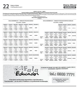 22                    teRçA-feiRA
                      13 de dezembro de 2011
                                                                                                                                                                                   Diário Oficial
                                                                                                                                                                                    GUARUJÁ
                                                                                  eDitAL Nº. 031/2011 - CMDCA
                                                  escala de trabalho e de Plantão dos Conselheiros tutelares de Guarujá e Vicente de Carvalho
O Presidente do Conselho Municipal dos Direitos da Criança e do Adolescente de Guarujá – CMDCA, no uso das atribuições legais estabelecidas na Lei Municipal nº 3.382, de 07 de junho de 2006,
em cumprimento a Lei Federal nº. 8.069, de 13 de julho de 1990 – Estatuto da Criança e do Adolescente, torna publica a escala de trabalho semanal e dos plantões noturnos e de fins de semana dos
Conselheiros Tutelares de Guarujá e de Vicente de Carvalho, referente ao mês de Dezembro de 2011.
                                                                                 Guarujá, 12 de dezembro de 2011
                                                                             Marco Antonio Magalhães Duarte Silva
                                                                                            Presidente

                 eSCALA DeZeMBRO/2011 – CONSeLHO tUteLAR De GUARUJÁ                                                   eSCALA DeZeMBRO/2011 – CONSeLHO tUteLAR De ViCeNte De CARVALHO
                                       eSCALA MeNSAL – DeZeMBRO                                                                                      eSCALA MeNSAL – DeZeMBRO

  Seg. 28/11      ter. 29/11    Quar. 30/11    Quin. 01/12    Sext. 02/12    Sab. 03/12     Dom. 04/12                                                              Quin. 01/12    Sext. 02/11   Sab. 03/11   Sab. 04/11
   CRISTINA       MARCELA        MARCELA        MARCELA         RAILDA
                                                                                                                                                                     MARCELLE        JANICE
    RAILDA        CRISTINA       CRISTINA        SODRÉ          SODRÉ
                                                                                                                                                                      RAFAEL        MARCELLE
    SODRÉ          RAILDA        GILMARA        GILMARA        GILMARA       GILMARA          SODRÉ                                                                  ADRIANA         RAFAEL        RAFAEL     MARCELLE
 N - GILMARA      N - SODRÉ     N - RAILDA     N - CRISTINA   N - MARCELA                                                                                           JACQUELINE      ADRIANA
 F - MARCELA     F - GILMARA     F - SODRÉ      F - RAILDA    F - CRISTINA                                                                                            JANICE       JACQUELINE

  Seg. 05/12      ter. 06/12    Quar. 07/12    Quin. 08/12    Sext. 09/12    Sab. 10/12     Dom. 11/12                    Seg. 05/12    ter. 06/12    Quar. 07/12   Quint. 08/12   Sex. 09/12    Sab. 10/12   Dom. 11/12
   MARCELA        MARCELA         RAILDA        CRISTINA       MARCELA
                                                                                                                          ADRIANA      MARCELLE         JANICE      JACQUELINE      ADRIANA
   CRISTINA        SODRÉ          SODRÉ          RAILDA        CRISTINA
                                                                                                                         JACQUELINE      ADRIANA   MARCELLE           JANICE       JACQUELINE
   GILMARA        GILMARA        GILMARA         SODRÉ          RAILDA        RAILDA         CRISTINA                      RAFAEL         RAFAEL    RAFAEL           MARCELLE        JANICE        JANiCe     JACQUeLiNe
  N - RAILDA     N - CRISTINA   N - MARCELA    N - GILMARA     N - SODRÉ                                    Noturno        JANiCe      JACQUeLiNe  ADRiANA            RAfAeL        MARCeLLe
   F - SODRÉ      F - RAILDA    F - CRISTINA   F - MARCELA    F - GILMARA                                   folga         MARCeLLe        JANiCe  JACQUeLiNe         ADRiANA         RAfAeL

  Seg. 12/12      ter. 13/12    Quar. 14/12    Quint. 15/12    ter. 16/12    Sab. 17/12     Dom. 18/12                    Seg. 12/12    ter. 13/12    Quar. 14/12   Quint. 15/12   Sext. 16/12   Sab. 17/12   Dom. 18/12
    RAILDA        CRISTINA       MARCELA        MARCELA        MARCELA                                                     JANICE      JACQUELINE      ADRIANA       ADRIANA        MARCELLE
    SODRÉ          RAILDA        CRISTINA       CRISTINA        SODRÉ                                                     MARCELLE       JANICE       JACQUELINE    JACQUELINE       ADRIANA
   GILMARA         SODRÉ          RAILDA        GILMARA        GILMARA       MARCELA         GILMARA                       RAFAEL       MARCELLE        JANICE        RAFAEL          RAFAEL      ADRiANA      RAfAeL
 N - MARCELA     N - GILMARA     N - SODRÉ     N - RAILDA     N - CRISTINA                                  Noturno       ADRiANA        RAfAeL        MARCeLLe       JANiCe       JACQUeLiNe
  F - CRISTINA   F - MARCELA    F - GILMARA     F - SODRÉ      F - RAILDA                                   folga        JACQUeLiNe     ADRiANA         RAfAeL       MARCeLLe         JANiCe


  Seg. 19/12      ter. 20/11    Quar. 21/12    Quint. 22/12   Sext. 23/12    Sab. 24/12     Dom. 25/12                    Seg. 19/12    ter. 20/12    Quar. 21/12   Quin. 22/12    Sext. 23/12   Sab. 24/12   Dom. 25/11
   MARCELA        MARCELA        MARCELA         RAILDA        CRISTINA                                                   ADRIANA       ADRIANA        MARCELLE    JANICE          JACQUELINE
   CRISTINA       CRISTINA        SODRÉ          SODRÉ          RAILDA                                                   JACQUELINE    JACQUELINE       ADRIANA   MARCELLE           JANICE
    RAILDA        GILMARA        GILMARA        GILMARA         SODRÉ         SODRÉ           RAILDA                       JANICE        RAFAEL          RAFAEL    RAFAEL           MARCELLE     MARCeLLe       JANiCe
  N - SODRÉ      N - RAILDA     N - CRISTINA   N - MARCELA    N - GILMARA                                   Noturno       MARCeLLe       JANiCe       JACQUeLiNe  ADRiANA            RAfAeL
  F - GILMARA     F - SODRÉ      F - RAILDA    F - CRISTINA   F - MARCELA                                   folga          RAfAeL       MARCeLLe         JANiCe  JACQUeLiNe         ADRiANA


  Seg. 26/12      ter. 27/12    Quar. 28/12    Quin. 29/12    Sext. 30/12    Sab. 31/12   Dom. 01/01/2012                 Seg. 26/12    ter. 27/12    Quar. 28/12   Quin. 29/12    Sext. 30/12   Sab. 31/11   Sab. 01/01
   MARCELA         RAILDA        CRISTINA       MARCELA        MARCELA                                                    MARCELLE     JAM            JACQUELINE     ADRIANA        ADRIANA
    SODRÉ          SODRÉ          RAILDA        CRISTINA       CRISTINA                                                    ADRIANA   MARCELLE           JANICE      JACQUELINE     JACQUELINE
   GILMARA        GILMARA         SODRÉ          RAILDA        GILMARA       CRISTINA        MARCELA                        RAFAEL    RAFAEL           MARCELLE       JANICE         RAFAEL      JACQUeLiNe    ADRiANA
 N - CRISTINA    N - MARCELA    N - GILMARA     N - SODRÉ     N - RAILDA                                    Noturno      JACQUeLiNe  ADRiANA            RAfAeL       MARCeLLe        JANiCe
  F - RAILDA     F - CRISTINA   F - MARCELA    F - GILMARA     F - SODRÉ                                    folga           JANiCe  JACQUeLiNe         ADRiANA        RAfAeL        MARCeLLe
 