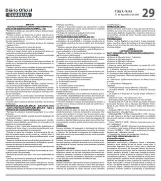 Diário Oficial
 GUARUJÁ
                                                                                                                                                     teRçA-feiRA
                                                                                                                                                     13 de dezembro de 2011
                                                                                                                                                                                          29
                             ANeXO iV                                todologias específicas;                                               correlatas da área.
   DeSCRiçÃO SUMÁRiA DAS AtiViDADeS DOS eMPReGOS                     * Elaborar e desenvolver projetos que oportunizem a análise           iNStRUtOR De LiBRAS:
AUXiLiAR De DeSeNVOLViMeNtO iNfANtiL – ADi:                          crítica da realidade pelos alunos, desenvolvendo os conteúdos         Ensinar, interpretar oralmente e na língua de sinais, de forma si-
* Participar da elaboração, execução e avaliação da proposta pe-     propostos no currículo escolar;                                       multânea ou consecutiva, discursos, debates, textos, formas de
dagógica da escola;                                                  * Participar da realização da avaliação institucional;                comunicação eletrônica, respeitando o respectivo contexto e as
* Atender os alunos em horários de entrada e saída dos perío-        * Realizar pesquisas na área de educação.                             características culturais das partes. Executar outras atividades
dos, intervalos de aulas, recreio e refeições, na higiene pessoal    PROfeSSOR De eDUCAçÃO eSPeCiAL (DA / Di) :                            correlatas da área.
e locomoção, sempre que necessário, e nos horários estabeleci-       * Identificar, elaborar, produzir e organizar serviços, recursos      PSiCOPeDAGOGO:
dos pela equipe diretora;                                            pedagógicos, de acessibilidade e estratégias considerando as          Realizar estudos, diagnóstico, prevenção e terapia psicopeda-
* Auxiliar na organização, manutenção e higiene dos materiais        necessidades específicas dos alunos público alvo da educação          gógica visando a solução dos problemas de aprendizagem dos
e equipamentos;                                                      especial;                                                             alunos da rede municipal de ensino. Executar outras atividades
* Zelar pela segurança e bem-estar dos alunos;                       * Elaborar e executar plano de atendimento educacional espe-          correlatas da área.
* Proporcionar momentos de recreação às crianças;                    cializado, avaliando a funcionalidade e a aplicabilidade dos re-                                    ANeXO V
* Informar à equipe diretora sobre as condutas dos alunos, co-       cursos pedagógicos e de acessibilidade;                                                  CONteÚDO PROGRAMÁtiCO
municando ocorrências e eventuais enfermidades;                      * Organizar o tipo e o número de atendimentos aos alunos na           PARte COMUM PARA OS PROfeSSOReS DAS SeGUiNteS
* Colaborar no atendimento ao público, inclusive encaminhado         sala de recursos multifuncional;                                      CAteGORiAS:
pais e munícipes à secretaria da escola;                             * Acompanhar a funcionalidade e a aplicabilidade dos recursos         • Professor de Educação Básica I - Substituto;
* Zelar pela formação integral das crianças;                         pedagógicos e de acessibilidade na sala de aula comum do ensi-        • Professor de Educação Básica III;
* Elaborar e executar a programação referente às atividades, de      no regular, bem como em outros ambientes da escola;                   • Professor de Educação Profissional;
acordo com o planejamento, sob orientação do assistente e su-        * Estabelecer parcerias com as áreas intersetoriais na elaboração     • Professor de Educação Especial.
pervisão do diretor;                                                 de estratégias e na disponibilização de recursos de acessibilidade;   I - Aspectos básicos da Cultura Brasileira nos séculos XX e XXI:
* Planejar e ministrar aulas e atividades de classe observados os    * Orientar professores e famílias sobre os recursos pedagógicos       Literatura, Música e Cinema.
programas oficiais de ensino e projetos pedagógicos;                 e de acessibilidade utilizados pelo aluno;                            II - O Município de Guarujá: Aspectos: Geográficos, Históricos,
* Cumprir cronogramas, calendário, datas comemorativas e ho-         * Ensinar e usar recursos de Tecnologia Assistiva de forma a am-      Econômicos e Sociais, Infra-estrutura de Turismo
rários de rotina do Núcleo de Educação Infantil Municipal;           pliar habilidades funcionais dos alunos, promovendo autono-           III - Atualidades: Meio Ambiente: (participação do Brasil), Desen-
* Desenvolver nas crianças hábitos de higiene, alimentação,          mia, atividade e participação, tais como:                             volvimento Sustentável e Recursos Naturais Brasileiros (ênfase
boas maneiras, repouso, lazer, vestuário e estudo;                   I - As tecnologias da informação e comunicação;                       no Pré-sal)
* Avaliar o desempenho global de aprendizagem das crianças;          II - A comunicação alternativa e aumentativa;                         IV - Informática: Conhecimentos Básicos em Word, Excel e
* Organizar e escriturar diários de classe;                          III - A informática acessível;                                        Internet.
* Colaborar com a Secretaria de Educação e colegas, funcioná-        IV - O soroban;                                                       V - Conhecimentos Pedagógicos:
rios, na consecução dos objetivos maiores da instituição;            V - Os recursos ópticos e não ópticos;                                Legislação
* Participar de reuniões, treinamentos, planejamentos, ativida-      VI - Os softwares específicos;                                        − Constituição Federal: artigos referentes à Educação.
des sócio-culturais, esportivas e de outras atividades, atenden-     VII - Os códigos e linguagem, as atividades de orientação e mo-       − Lei Federal 9394/96 – Lei de Diretrizes e Bases da Educação
do a convocação da Secretaria de Educação do município, sem-         bilidade entre outros;                                                Nacional.
pre que necessário;                                                  * Estabelecer articulação com os professores da sala de aula co-      − Lei Orgânica do Município de Guarujá, artigos referentes à
* Zelar pelo bom uso, conservação e manutenção das instala-          mum, visando à disponibilização dos serviços, dos recursos pe-        Educação.
ções, equipamentos e material do Núcleo de Educação Infantil         dagógicos e de acessibilidade e das estratégias que promovem          − Estatuto da Criança e do Adolescente – ECA
Municipal;                                                           a participação dos alunos nas atividades escolares;                   − Orientação para inclusão de crianças de 6 anos de idade.
* Cumprir e fazer cumprir as decisões do diretor e da Secretaria     * Promover atividades e espaços de participação da família e a        − Resolução CNE/CP 01/04, de 17.06.04, que Institui Diretrizes
de Educação.                                                         interface com os serviços setoriais da saúde, da assistência so-      Curriculares Nacionais para a Educação das Relações Étnico-
PROfeSSOR De eDUCAçÃO BÁSiCA i – SUBStitUtO (PeB i                   cial, entre outros.                                                   Raciais e para o Ensino de História e Cultura Afro-Brasileira e
– SUBSt.); PROfeSSOR De eDUCAçÃO BÁSiCA iii – PeB iii; e             AUXiLiAR ADMiNiStRAtiVO:                                              Africana.
PROfeSSOR De eDUCAçÃO PROfiSSiONAL:                                  Executa serviços de apoio nas áreas das diversas Secretarias;         − Resolução CNE/CEB nº 2/01 - Diretrizes Nacionais para a Edu-
* Participar da elaboração do projeto pedagógico de sua unida-       atende fornecedores e clientes, fornecendo e recebendo infor-         cação Especial na Educação Básica.
de escolar;                                                          mações sobre produtos e serviços; trata de documentos varia-          − Deliberação CEE nº 05/00 e Indicação CEE nº 12/99 – Fixa nor-
* Cumprir plano de trabalho, segundo o projeto pedagógico de         dos, cumprindo todo o procedimento necessário referente aos           mas para a educação de alunos que apresentam necessidades
sua unidade escolar;                                                 mesmos. Controla agenda e eventos. Auxilia na preparação de           educacionais especiais na educação básica do sistema estadual
* Elaborar programas e planos de aula, relacionando e confec-        relatórios e planilhas. Realiza serviços gerais de escritório. Exe-   de ensino.
cionando material didático a ser utilizado, em articulação com a     cuta atividades correlatas quando determinadas pelo superior          − Parecer CNE/CEB nº 04/98 – Diretrizes Curriculares para o En-
equipe de orientação pedagógica;                                     imediato.                                                             sino Fundamental.
* Ministrar os dias e horas-aula estabelecidos, trabalhando os       COZiNHeiRO:                                                           − Indicação CEE nº 08/2001 – Diretrizes Curriculares para o Ensi-
conteúdos de forma crítica e construtiva, proporcionando o de-       Executar atividades de preparação e distribuição de refeições         no Fundamental no Sistema de Ensino do Estado de São Paulo.
senvolvimento de capacidade e competências;                          seguindo orientações e procedimentos normativos de nutrição           − Parecer CNE/CEB nº 17/2001 – Institui as Diretrizes Curriculares
* Orientar os alunos na formulação e implementação de pro-           e higiene, a fim de atender às exigências de cardápios estipu-        Nacionais para a Educação Especial.
jetos de pesquisa quanto ao seu formato e à seleção, leitura e       lados pelo nutricionista responsável. Executar outras atividades      − Convenção dos direitos das pessoas com Deficiência.
utilização de textos literários e didáticos indispensáveis ao seu    correlatas da área.                                                   PROfeSSOR De eDUCAçÃO BÁSiCA iii
desenvolvimento;                                                     MOtORiStA:                                                            a) Língua Portuguesa
* Realizar a avaliação do processo de ensino-aprendizagem, uti-      Conduzir veículos de passageiros, escolares, ou de carga, trans-      Conhecimentos específicos (Ce):
lizando instrumentos que possibilitem a verificação do aprovei-      portando pessoas e materiais, de acordo com as normas do Có-          Linguagem, interlocução e dialogismo: língua e linguagem.
tamento dos alunos e da metodologia aplicada;                        digo Nacional de Trânsito. Executar outras atividades correlatas      Diferenças entre padrões do oral do escrito; norma culta. O
* Estabelecer estratégias de recuperação paralela para alunos de     da área.                                                              preconceito lingüístico. Discurso e texto: texto e elementos
menor rendimento;                                                    SeCRetÁRiO eSCOLAR:                                                   constitutivos do contexto de produção Gêneros do discurso:
* Colaborar na organização e participar das atividades de articu-    Organizar e executar o arquivo escolar dos alunos o arquivo.          estrutura, seqüência discursivas; marcas lingüísticas. Práticas de
lação da escola e a comunidade;                                      Organizar e manter em dia toda a legislação documentos per-           leitura e produção de texto: O texto como unidade de sentido:
* Participar de reuniões com pais e com outros profissionais de      tinentes a Secretaria. Coordenar e supervisionar as atividades        mecanismos de coesão e fatores de coerência. Texto e leitor:
ensino;                                                              referentes à matrícula, transferência, adaptação e conclusão de       procedimentos de leitura. Tipos de atividades de escrita (trans-
* Participar de reuniões e programas de aperfeiçoamento, cen-        cursos. Executar outras atividades correlatas da área.                crição, reprodução, paráfrase, resumo, decalque, criação); proce-
sos e outros eventos, quando solicitado;                             NUtRiCiONiStA:                                                        dimentos de refacção do texto (substituição, acréscimo, elimi-
* Participar integralmente dos períodos dedicados ao planeja-        Planejar, coordenar e supervisionar serviços e programas de nu-       nação, permutação). A leitura do mundo virtual; a palavra (re)
mento e à avaliação do processo ensino-aprendizagem e ao seu         trição nas áreas da saúde, educação e outras afins que requei-        escrita e (re) lida na internet. A formação de leitores e produto-
desenvolvimento profissional;                                        ram atenção de processos e procedimentos nutricionais para            res de texto. Análise e reflexão sobre o uso da língua: o papel da
* Participar de projetos de inclusão escolar, utilizando-se de me-   melhoria da qualidade de saúde. Executar outras atividades            gramática. Processos sintáticos: coordenação e subordinação.
 