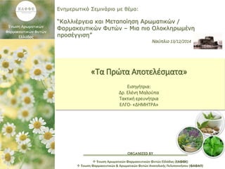 ORGANIZED BY
Ενημερωτικό Σεμινάριο με θέμα:
“Καλλιέργεια και Μεταποίηση Αρωματικών /
Φαρμακευτικών Φυτών – Μια πιο Ολοκληρωμένη
προσέγγιση”
Ναύπλιο 13/12/2014
 Ένωση Αρωματικών Φαρμακευτικών Φυτών Ελλάδας (ΕΑΦΦΕ)
 Ένωση Φαρμακευτικών & Αρωματικών Φυτών Ανατολικής Πελοποννήσου (ΦΑΦΑΠ)
«Τα Πρώτα Αποτελέσματα»
Εισηγήτρια:
Δρ. Ελένη Μαλούπα
Τακτική ερευνήτρια
ΕΛΓΟ- «ΔΗΜΗΤΡΑ»
 