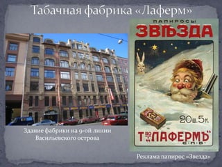 Здание фабрики на 9-ой линии
    Васильевского острова

                               Реклама папирос «Звезда»
 