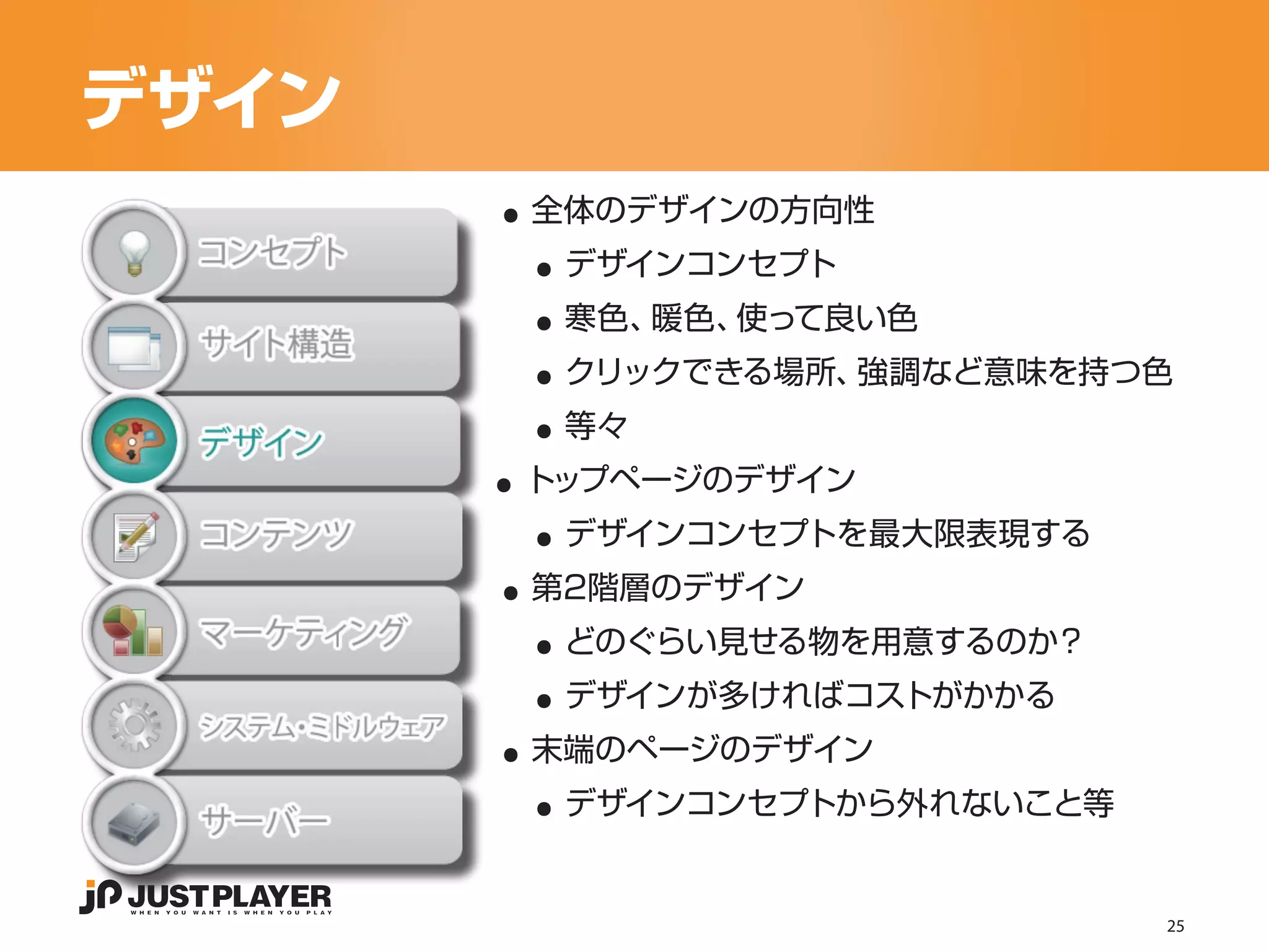 デザイン
       ..
         ..
        全体のデザインの方向性


         ..
          デザインコンセプト


         ..
          寒色、暖色、使って良い色


         ..
          クリックできる場所、強調など意味を持つ色


       ..
          等々


         ..
        トップページのデザイン


       ..
          デザインコンセプトを最大限表現する


         ..
        第2階層のデザイン


         ..
          どのぐらい見せる物を用意するのか？


       ..
          デザインが多ければコストがかかる


         ..
        末端のページのデザイン
          デザインコンセプトから外れないこと等


                               25
 