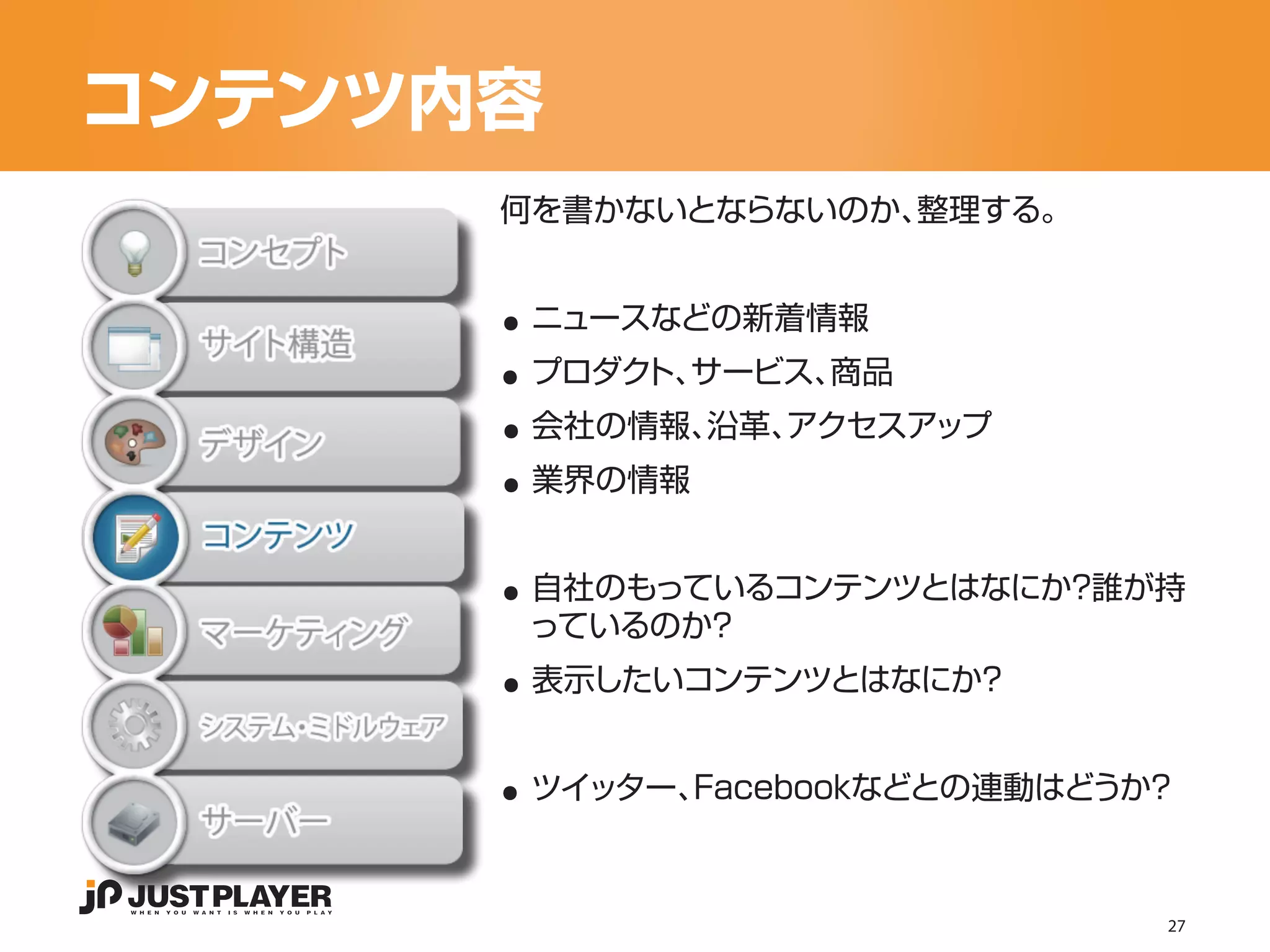 コンテンツ内容
      何を書かないとならないのか、整理する。


      ..
      ..
       ニュースなどの新着情報


      ..
       プロダク サービス、
           ト、    商品


      ..
       会社の情報、沿革、アクセスアップ
       業界の情報


      ..
       自社のもっているコンテンツとはなにか？誰が持

      ..
       っているのか？
       表示したいコンテンツとはなにか？


      ..
       ツイッター、Facebookなどとの連動はどうか？



                               27
 