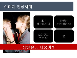 이미지 전성시대


            내가       타인이
           생각하는 나   생각하는 나



           보여주고
                      갭
           싶은 나


     당신은 .. 다중이 ?
 