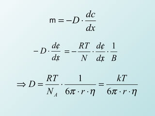 dc
       m = −D ⋅
                dx
         /
        dc        /
              RT dc 1
   − D⋅    =−   ⋅ ⋅
         /
        dx        /
              N dx B

    RT     1        kT
⇒D=    ⋅         =
    N A 6π ⋅ r ⋅η 6π ⋅ r ⋅η
 