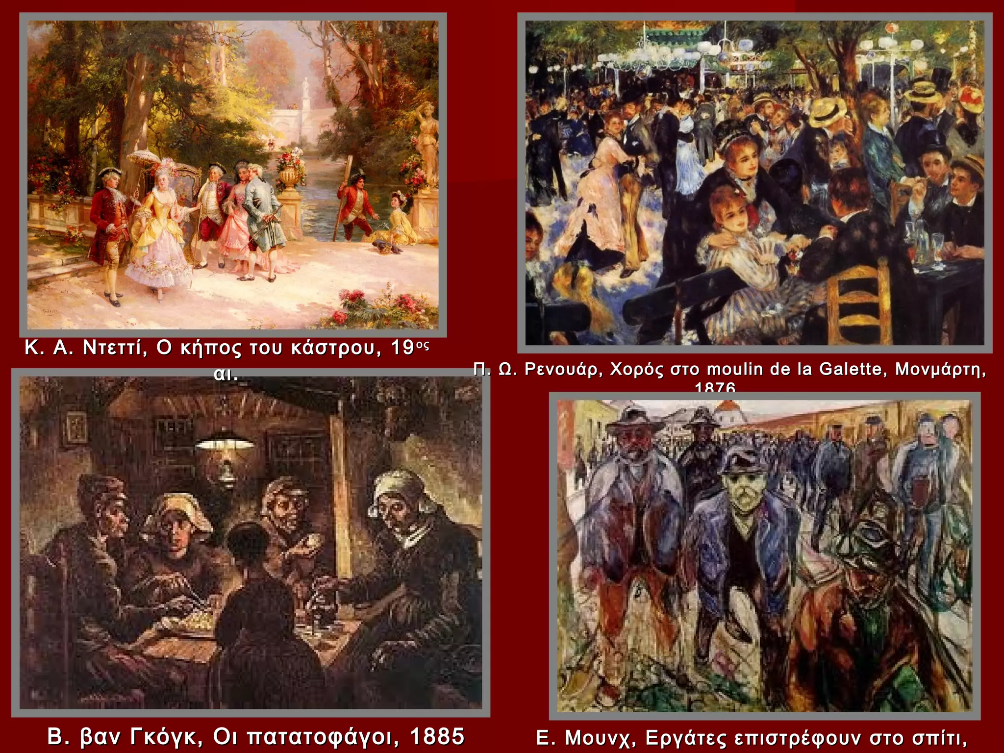 Κ. Α. Ντεττί, Ο κήπος του κάστρου, 19 ος
                   αι .                    Π. Ω. Ρενουάρ, Χορός στο moulin de la Galette, Μονμάρτη,
                                                                  1876




  Β. βαν Γκόγκ, Οι πατατοφάγοι, 1885             Ε. Μουνχ, Εργάτες επιστρέφουν στο σπίτι,
 