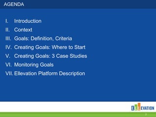 AGENDA

I.

Introduction

II. Context
III. Goals: Definition, Criteria
IV. Creating Goals: Where to Start

V. Creating Goals: 3 Case Studies
VI. Monitoring Goals
VII. Ellevation Platform Description

2

 