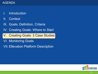AGENDA

I.

Introduction

II. Context
III. Goals: Definition, Criteria
IV. Creating Goals: Where to Start

V. Creating Goals: 3 Case Studies
VI. Monitoring Goals
VII. Ellevation Platform Description

24

 