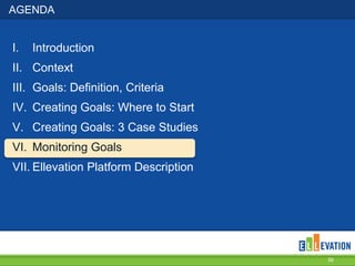 AGENDA

I.

Introduction

II. Context
III. Goals: Definition, Criteria
IV. Creating Goals: Where to Start

V. Creating Goals: 3 Case Studies
VI. Monitoring Goals
VII. Ellevation Platform Description

36

 