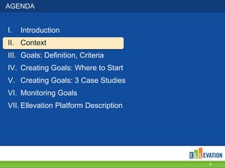 AGENDA

I.

Introduction

II. Context
III. Goals: Definition, Criteria
IV. Creating Goals: Where to Start

V. Creating Goals: 3 Case Studies
VI. Monitoring Goals
VII. Ellevation Platform Description

8

 