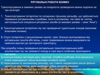 РЯТУВАЛЬНІ РОБОТИ ВЗИМКУ
Транспортування в зимових умовах за складністю проведення можна поділити на
   три категорії:

1. Транспортування потерпілих по складному гірському рельєфу, що здійснюється
   переважно рятувальними службами, коли в основному, так само як і влітку,
   застосовуються спеціальні рятувальні засоби (в зимових умовах – сани “Акья”).

2. Транспортування потерпілих під час проведення туристських походів (можливе
    власними силами).

3. Спуск потерпілих з гірськолижних схилів і трас, близько розташованих від
    рятувальних пунктів або місць, з яких травмованих можна евакуювати на
    невеликі відстані до санітарного транспорту.

При розробці плану проведення рятувальних транспортувальних робіт
    альпіністами під час зимового походу в гори варто особливо враховувати
    наступне:
а) оскільки взимку світловий день короткий, потрібно особливо чітко визначити
    етапи пересування і місця можливих ночівель групи;
б) пересування по засніженому рельєфу, що ставить надзвичайно високі фізичні
    вимоги до альпіністів, яким необхідно добре володіти технікою;
в) низька температура, що при відсутності необхідних теплозахисних засобів може
    призвести до обморожень як у самих альпіністів, так і в потерпілого.
 
