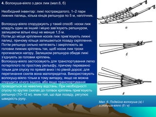 4. Волокуша-віяло з двох лиж (мал.6, б)

Необхідний інвентар: лижі постраждалого, 1–2 пари
лижних палиць, кілька кінців репшнура по 5 м, наплічник.

Волокушу-віяло споруджують у такий спосіб: носки лиж
кладуть один на інший і міцно зав’язують репшнуром,
залишаючи вільні кінці не менше 1,5 м.
Потім до місця кріплення носків лиж прив’язують лижні
палиці, причому кільця залишаються позаду скріплення.
Потім репшнур сильно натягають і закріплюють за
головки лижних кріплень так, щоб носки лиж трохи
прогиналися нагору. Залишком репшнура обидві лижі
з’єднують за головки кріплень.
Волокушу-віяло застосовують для транспортування легко
потерпілого по простому рельєфу, причому переважно
тільки для спуску по прямій вниз і по рівній дорозі; для
перетинання схилів вона малопридатна. Використовують
волокушу-віяло тільки в тому випадку, якщо не можна
спорудити нічого іншого, або якщо транспортування
проводиться на невелику відстань. При необхідності
спуску по крутих схилах до голівок кріплень прив’язують
репшнур (10–12 м), яким той, що йде позаду, регулює
швидкість руху.
                                                           Мал. 6. Подвійна волокуша (а) і
                                                           волокуша-віяло (б і в)
 