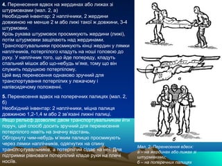 4. Перенесення вдвох на жердинах або лижах зі
штурмовками (мал. 2, а)
Необхідний інвентар: 2 наплічники, 2 жердини
довжиною не менше 2 м або лижі такої ж довжини, 3-4
штурмовки.
Крізь рукава штурмовок просмикують жердини (лижі),
потім штурмовки защіпають над жердинами.
Транспортувальники просмикують кінці жердин у лямки
наплічників, потерпілого кладуть на ноші головою до
руху. У наплічник того, що йде попереду, кладуть
спальний мішок або що-небудь м’яке, тому що він
служить подушкою потерпілому.
Цей вид перенесення однаково зручний для
транспортування потерпілих у лежачому і
напівсидячому положенні.
5. Перенесення вдвох на поперечних палицях (мал. 2,
б)
Необхідний інвентар: 2 наплічники, міцна палиця
довжиною 1,2-1,4 м або 2 зв’язані лижні палиці.
Якщо рельєф дозволяє двом транспортувальникам йти
поруч, цей спосіб досить зручний для перенесення
потерпілого навіть на значну відстань.
Обгорнуту чим-небудь м’яким палицю просмикують
через лямки наплічників, одягнутих на спину
                                                      Мал. 2. Перенесення вдвох:
транспортувальників, а потерпілий сідає на неї. Для   а – на жердинах або лижах зі
підтримки рівноваги потерпілий кладе руки на плечі    штурмівками;
носіїв.                                               б – на поперечних палицях
 