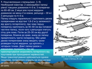 7. Ноші-волокуша з палиць(мал. 3, б)
Необхідний інвентар: 2 свіжозрубані палиці
рівної товщини довжиною 4–5 м, 3 поперечки
по 60–65 см, 2 міцні але гнучкі жердини
довжиною не менш 2 м кожна, репшнур – 30 м і
3 репшнури по 4–5 м.
Палиці кладуть паралельно і скріплюють двома
поперечками на відстані 1,8–2 м (у залежності
від зросту потерпілого), при чому першу
поперечку скріплюють за 40–50 см від головної
частини палиці, після чого з репшнура плетуть
сітку для ложа. Потім за 25–30 см від другої
поперечки, ближче до краю, знизу до палиці
прикріплюють третю поперечку. Між цими
двома поперечками знизу вводять трохи
розведені гнучкі жердини, що кріплять у
чотирьох точках. Довгі палиці разом з
жердинами пружинять і під час
транспортування охороняють потерпілого від
поштовхів при проходженні нерівностей.
Якщо транспортування здійснюється однією        Мал. 3. Ноші із жердин (а)
                                                  і ноші з палиць (б и в)
людиною, потерпілого кладуть на ноші ногами
до руху (так легше), якщо двома – то головою
до руху.
 