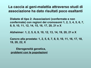 La caccia ai geni-malattia attraverso studi di associazione ha dato risultati poco esaltanti Diabete di tipo 2: Associazioni (confermate e non confermate) con regioni dei cromosomi 1, 2, 3, 4, 5, 6, 7, 8, 9, 10, 11, 12, 14, 15, 16, 17, 20, 21 e X Alzheimer: 1, 2, 5, 6, 9, 10, 12, 13, 14, 19, 20, 21 e X Cancro alla prostata: 1, 2, 5, 6, 7, 8, 9, 10, 11, 16, 17, 18, 19, 20, 22, X Eterogeneità genetica, problemi con le popolazioni   