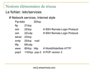Notions élémentaires de réseau
Le fichier: /etc/services
  # Network services, Internet style
      Ftp-data         20/tcp
      ftp     21/tcp
      ssh     22/tcp            # SSH Remote Login Protocol
      ssh     22/udp            # SSH Remote Login Protocol
      telnet 23/tcp
      smtp 25/tcp       mail
      tftp    69/udp
      www 80/tcp       http  # WorldWideWeb HTTP
      pop3 110/tcp     pop-3 # POP version 3




                       ntic2.xtreemhost.com
 
