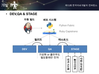 개발 환경                               제13회 한국자바개발자 컨퍼런스



 • DEV,QA & STAGE
          자동 빌드       배포 시스템

                               Python Fabric

                               Ruby Capistrano


               릴리즈             테스트完


         DEV            QA                    STAGE

                    가상화 or 클라우드
                     필요할때만 전개




                                                       단말 (모바일)
                                     연계 시스템


                                               클라이언트
 