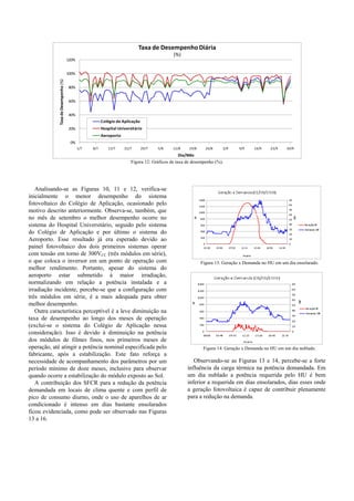 0%
20%
40%
60%
80%
100%
120%
1/7 8/7 15/7 22/7 29/7 5/8 12/8 19/8 26/8 2/9 9/9 16/9 23/9 30/9
Taxa de Desempenho (%)
Dia/Mês
Taxa de Desempenho Diária
(%)
Colégio de Aplicação
Hospital Universitário
Aeroporto
Figura 12: Gráficos de taxa de desempenho (%).
Analisando-se as Figuras 10, 11 e 12, verifica-se
inicialmente o menor desempenho do sistema
fotovoltaico do Colégio de Aplicação, ocasionado pelo
motivo descrito anteriormente. Observa-se, também, que
no mês de setembro o melhor desempenho ocorre no
sistema do Hospital Universitário, seguido pelo sistema
do Colégio de Aplicação e por último o sistema do
Aeroporto. Esse resultado já era esperado devido ao
painel fotovoltaico dos dois primeiros sistemas operar
com tensão em torno de 300VCC (três módulos em série),
o que coloca o inversor em um ponto de operação com
melhor rendimento. Portanto, apesar do sistema do
aeroporto estar submetido à maior irradiação,
normalizando em relação a potência instalada e a
irradiação incidente, percebe-se que a configuração com
três módulos em série, é a mais adequada para obter
melhor desempenho.
Outra característica perceptível é a leve diminuição na
taxa de desempenho ao longo dos meses de operação
(exclui-se o sistema do Colégio de Aplicação nessa
consideração). Isso é devido à diminuição na potência
dos módulos de filmes finos, nos primeiros meses de
operação, até atingir a potência nominal especificada pelo
fabricante, após a estabilização. Este fato reforça a
necessidade de acompanhamento dos parâmetros por um
período mínimo de doze meses, inclusive para observar
quando ocorre a estabilização do módulo exposto ao Sol.
A contribuição dos SFCR para a redução da potência
demandada em locais de clima quente e com perfil de
pico de consumo diurno, onde o uso de aparelhos de ar
condicionado é intenso em dias bastante ensolarados
ficou evidenciada, como pode ser observado nas Figuras
13 a 16.
Figura 13: Geração x Demanda no HU em um dia ensolarado.
Figura 14: Geração x Demanda no HU em um dia nublado.
Observando-se as Figuras 13 e 14, percebe-se a forte
influência da carga térmica na potência demandada. Em
um dia nublado a potência requerida pelo HU é bem
inferior a requerida em dias ensolarados, dias esses onde
a geração fotovoltaica é capaz de contribuir plenamente
para a redução na demanda.
 
