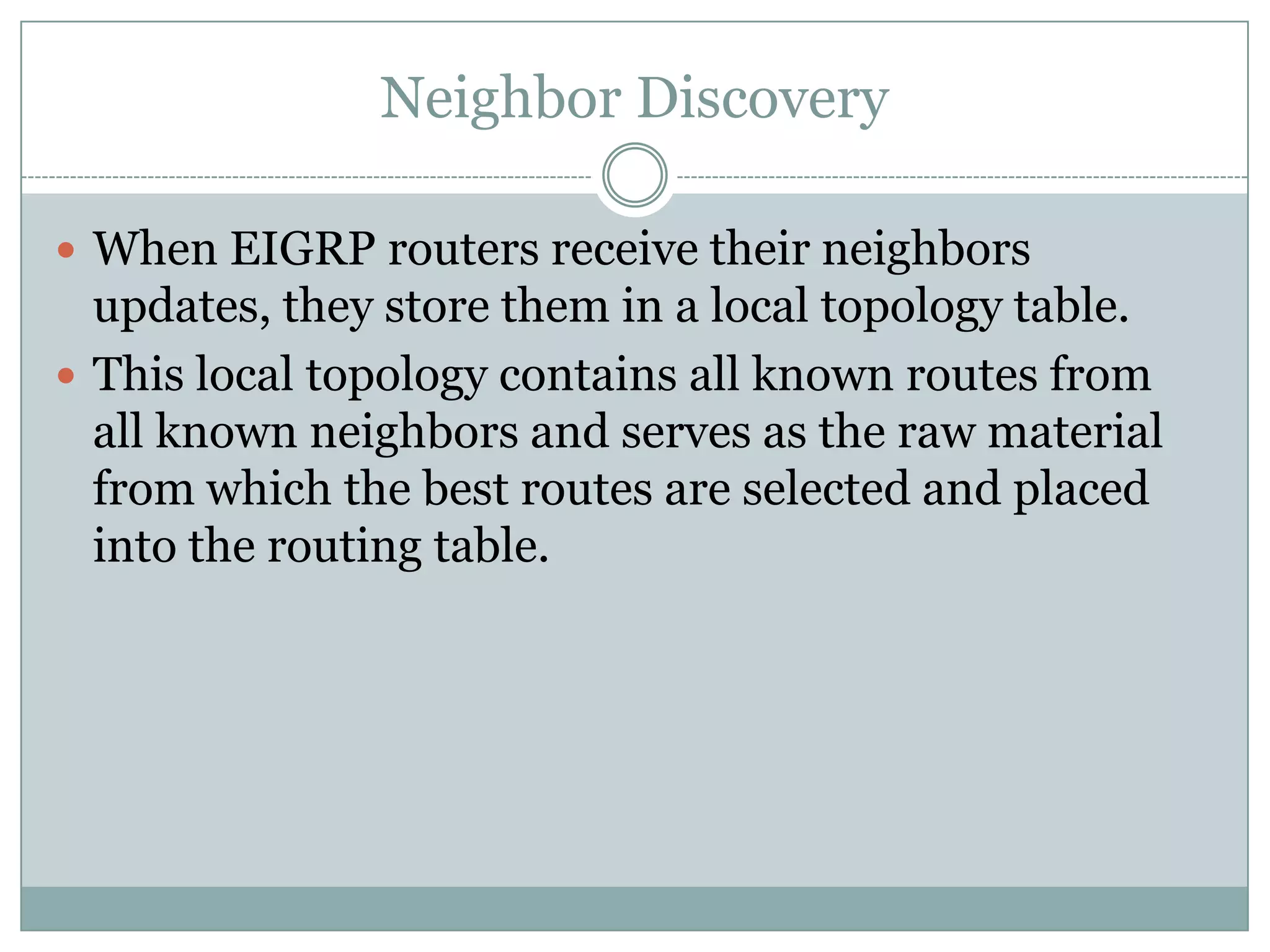 Neighbor Discovery
 When EIGRP routers receive their neighbors
updates, they store them in a local topology table.
 This local topology contains all known routes from
all known neighbors and serves as the raw material
from which the best routes are selected and placed
into the routing table.
 