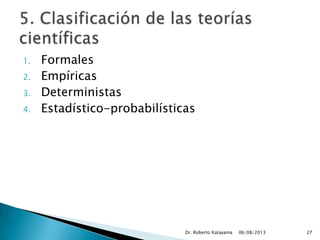 1. Formales
2. Empíricas
3. Deterministas
4. Estadístico-probabilísticas
06/08/2013Dr. Roberto Katayama 27
 
