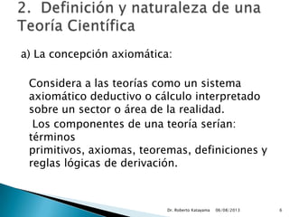 a) La concepción axiomática:
Considera a las teorías como un sistema
axiomático deductivo o cálculo interpretado
sobre un sector o área de la realidad.
Los componentes de una teoría serían:
términos
primitivos, axiomas, teoremas, definiciones y
reglas lógicas de derivación.
06/08/2013Dr. Roberto Katayama 6
 
