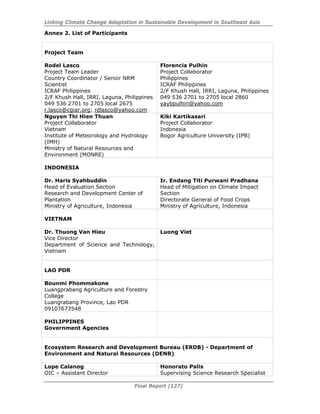 Linking Climate Change Adaptation in Sustainable Development in Southeast Asia
Final Report (127)
Annex 2. List of Participants
Project Team
Rodel Lasco
Project Team Leader
Country Coordinator / Senior NRM
Scientist
ICRAF Philippines
2/F Khush Hall, IRRI, Laguna, Philippines
049 536 2701 to 2705 local 2675
r.lasco@cgiar.org; rdlasco@yahoo.com
Florencia Pulhin
Project Collaborator
Philippines
ICRAF Philippines
2/F Khush Hall, IRRI, Laguna, Philippines
049 536 2701 to 2705 local 2860
yaybpulhin@yahoo.com
Nguyen Thi Hien Thuan
Project Collaborator
Vietnam
Institute of Meteorology and Hydrology
(IMH)
Ministry of Natural Resources and
Environment (MONRE)
Kiki Kartikasari
Project Collaborator
Indonesia
Bogor Agriculture University (IPB)
INDONESIA
Dr. Haris Syahbuddin
Head of Evaluation Section
Research and Development Center of
Plantation
Ministry of Agriculture, Indonesia
Ir. Endang Titi Purwani Pradhana
Head of Mitigation on Climate Impact
Section
Directorate General of Food Crops
Ministry of Agriculture, Indonesia
VIETNAM
Dr. Thuong Van Hieu
Vice Director
Department of Science and Technology,
Vietnam
Luong Viet
LAO PDR
Bounmi Phommakone
Luangprabang Agriculture and Forestry
College
Luangrabang Province, Lao PDR
09107673548
PHILIPPINES
Government Agencies
Ecosystem Research and Development Bureau (ERDB) - Department of
Environment and Natural Resources (DENR)
Lope Calanog
OIC – Assistant Director
Honorato Palis
Supervising Science Research Specialist
 