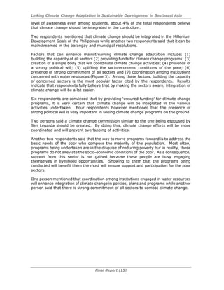 Linking Climate Change Adaptation in Sustainable Development in Southeast Asia
Final Report (15)
level of awareness even among students, about 4% of the total respondents believe
that climate change should be integrated in the curriculum.
Two respondents mentioned that climate change should be integrated in the Millenium
Development Goals of the Philippines while another two respondents said that it can be
mainstreamed in the barangay and municipal resolutions.
Factors that can enhance mainstreaming climate change adaptation include: (1)
building the capacity of all sectors (2) providing funds for climate change programs; (3)
creation of a single body that will coordinate climate change activities; (4) presence of
a strong political will; (5) uplifting the socio-economic conditions of the poor; (6)
presence of strong commitment of all sectors and (7) coordination among institutions
concerned with water resources (Figure 3). Among these factors, building the capacity
of concerned sectors is the most popular factor cited by the respondents. Results
indicate that respondents fully believe that by making the sectors aware, integration of
climate change will be a lot easier.
Six respondents are convinced that by providing ‘ensured funding’ for climate change
programs, it is very certain that climate change will be integrated in the various
activities undertaken. Four respondents however mentioned that the presence of
strong political will is very important in seeing climate change programs on the ground.
Two persons said a climate change commission similar to the one being espoused by
Sen Legarda should be created. By doing this, climate change efforts will be more
coordinated and will prevent overlapping of activities.
Another two respondents said that the way to move programs forward is to address the
basic needs of the poor who compose the majority of the population. Most often,
programs being undertaken are in the disguise of reducing poverty but in reality, those
programs do not alleviate the socio-economic conditions of the poor. As a consequence,
support from this sector is not gained because these people are busy engaging
themselves in livelihood opportunities. Showing to them that the programs being
conducted will benefit them the most will ensure support and participation for the poor
sectors.
One person mentioned that coordination among institutions engaged in water resources
will enhance integration of climate change in policies, plans and programs while another
person said that there is strong commitment of all sectors to combat climate change.
 